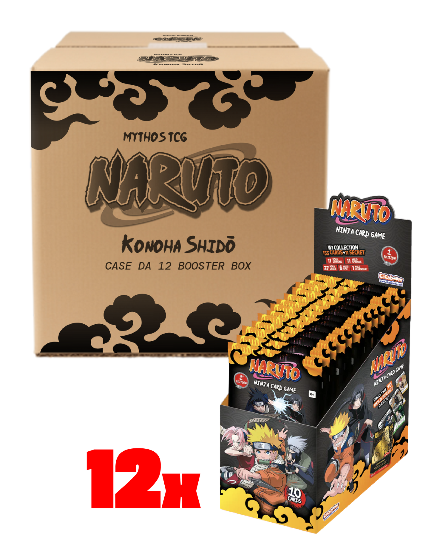 Case di cartone sigillato e Booster Box espositore della serie Naruto Mythos TCG Konoha Shido; il box mostra illustrazioni di Naruto, Sasuke, Sakura e Kakashi e indica "12x" e "1st Edition".