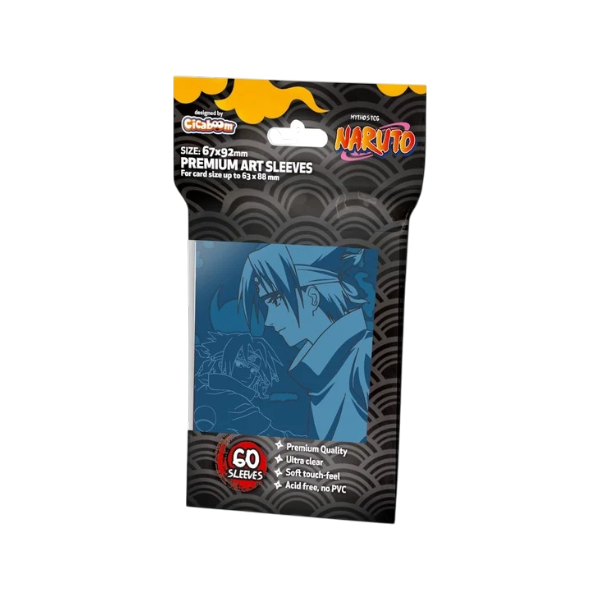 Confezione di bustine protettive Naruto Mythos TCG Premium Art Sleeves Sasuke prodotte da Cicaboom.