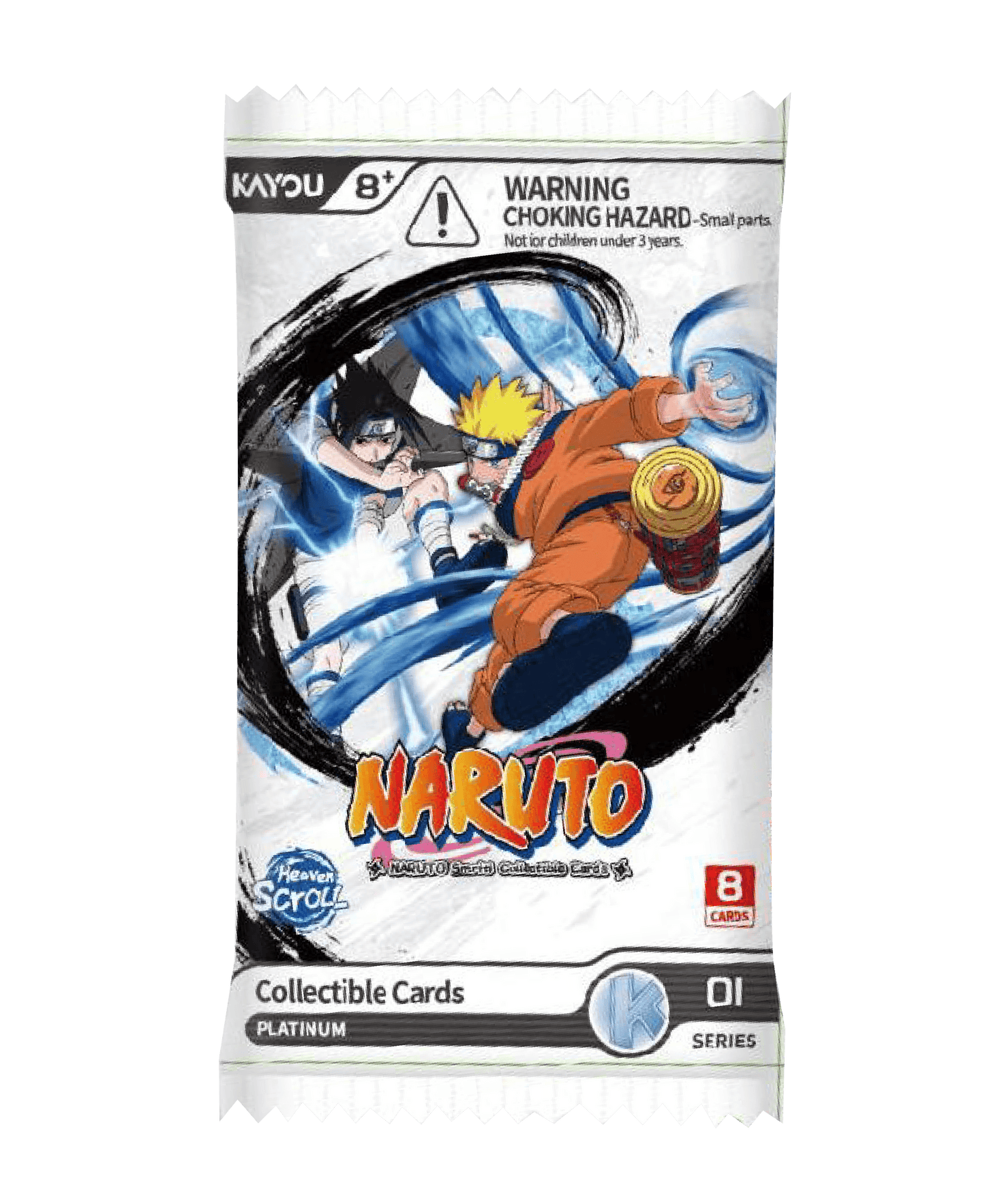 Bustina singola del set di carte collezionabili NARUTO - Smriti Collectible Cards - Heaven Scroll prodotta da Kayou, isolata su sfondo nero. La confezione di colore bianco mostra al centro una dinamica illustrazione di Naruto e Sasuke in combattimento corpo a corpo, avvolti da effetti di chakra circolari neri e azzurri. Sulla bustina sono ben visibili il logo colorato di Naruto, l'icona "Heaven Scroll", la dicitura "Collectible Cards PLATINUM", il marchio "01 SERIES" in basso a destra e un riquadro rosso ch