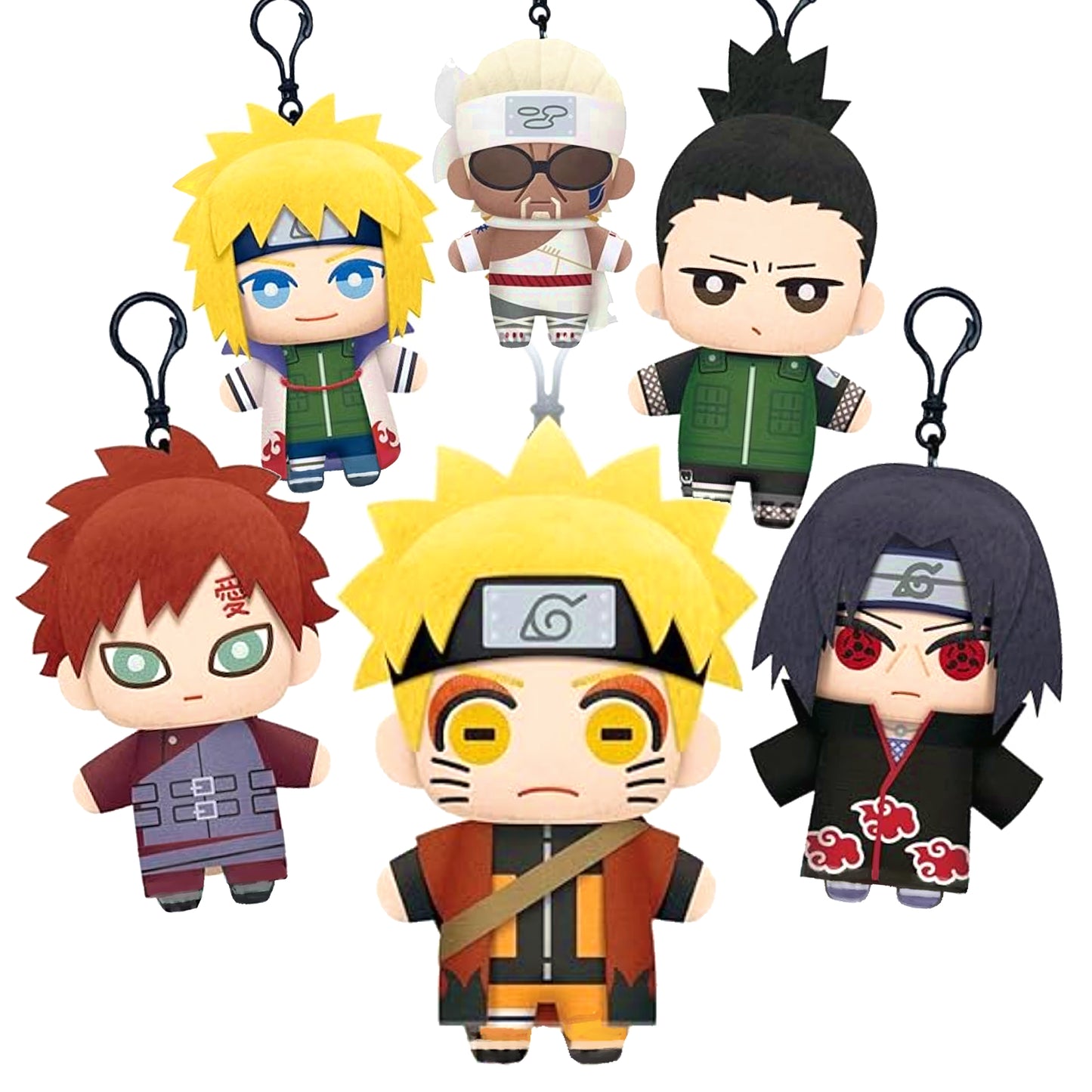 Immagine promozionale di 6 peluche mascotte della linea Tomonui dedicati all'anime Naruto, disposti su due righe su uno sfondo bianco. I personaggi sono realizzati in morbido tessuto con dettagli stampati in stile super deformed (chibi) e sono tutti provvisti di un gancio a moschettone nero in alto per essere appesi. Nella riga superiore, da sinistra a destra, troviamo: Naruto in Modalità Eremita con mantello rosso scuro e occhi gialli; Gaara con l'armatura bordeaux e il kanji "amore" sulla fronte.