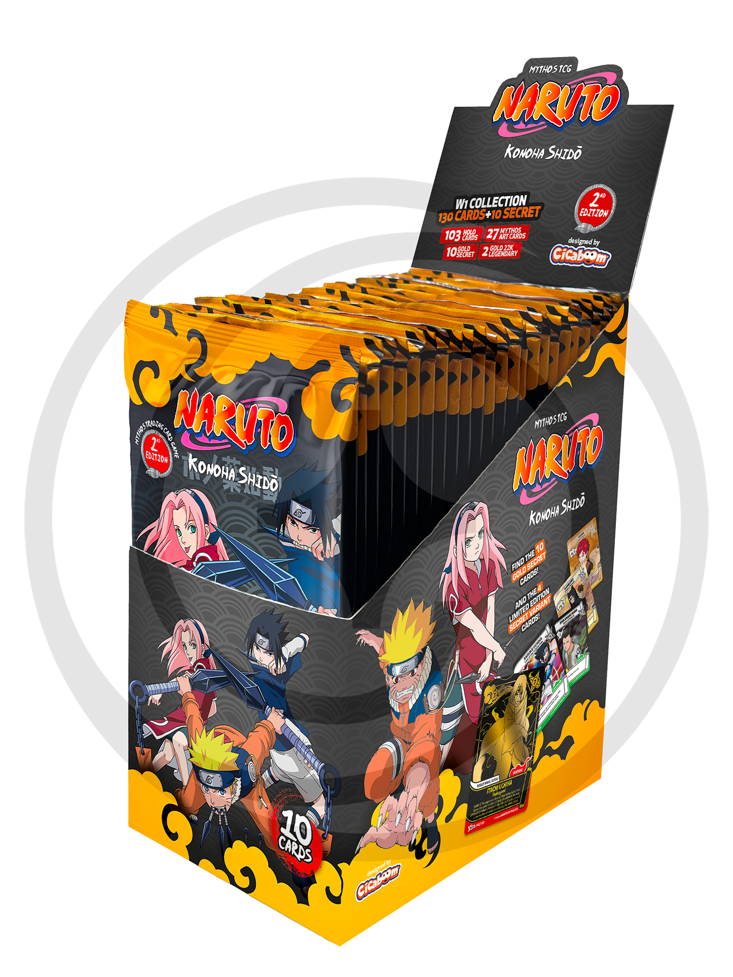 Confezione espositiva aperta (Display box) contenente 24 bustine del gioco di carte collezionabili Naruto Mythos TCG Konoha Shido 2° Edition. La scatola presenta un vibrante design nero e giallo con nuvole stilizzate e le illustrazioni dei protagonisti Naruto, Sasuke e Sakura in posa da combattimento. Sul coperchio sollevato sono elencati nel dettaglio i numeri e le rarità della collezione di carte.