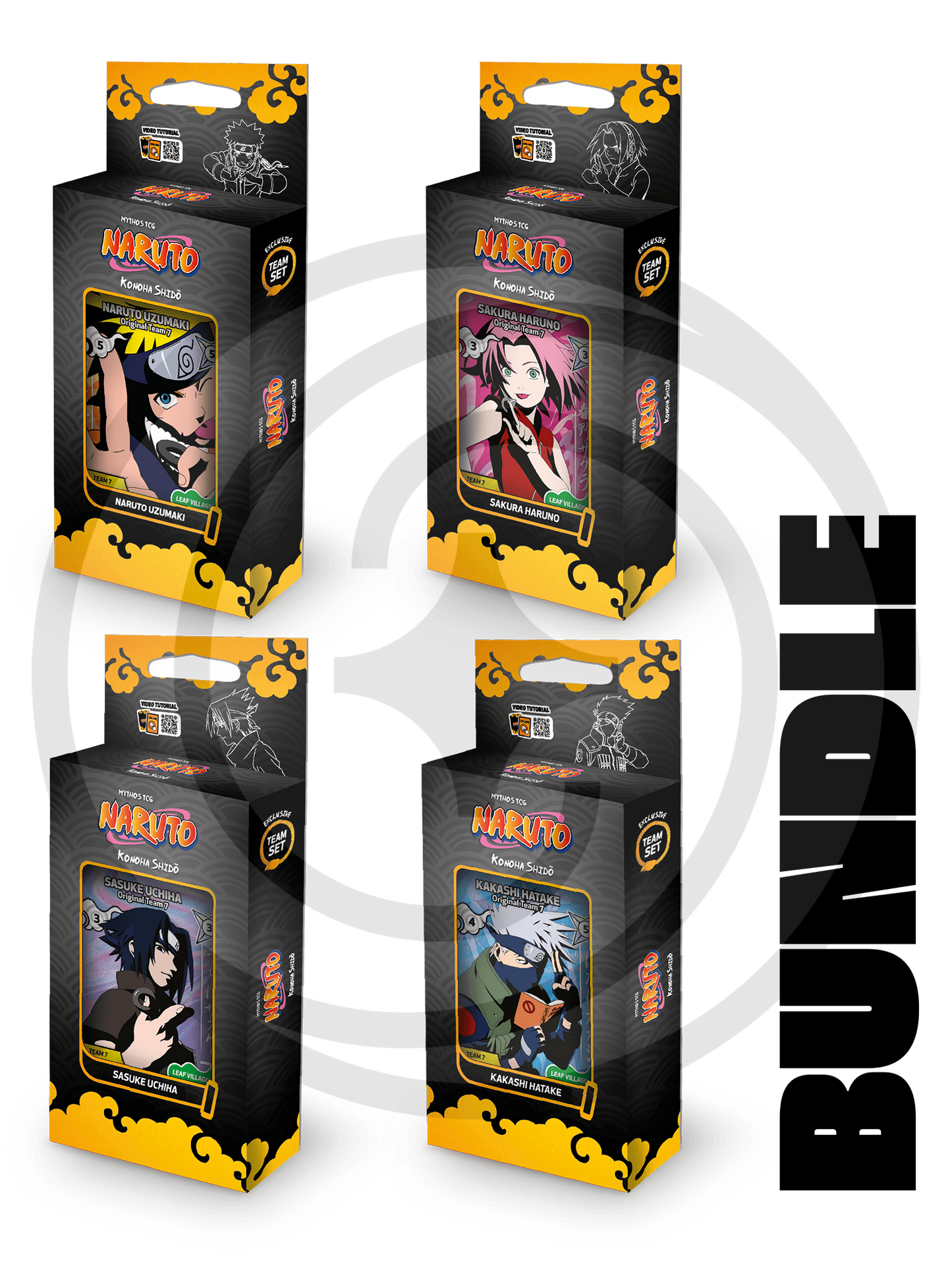 Quattro starter deck del gioco di carte Naruto Mythos TCG Konoha Shido 2nd Edition raffiguranti i membri del Team 7. Ogni box contiene bustine e una carta promo.