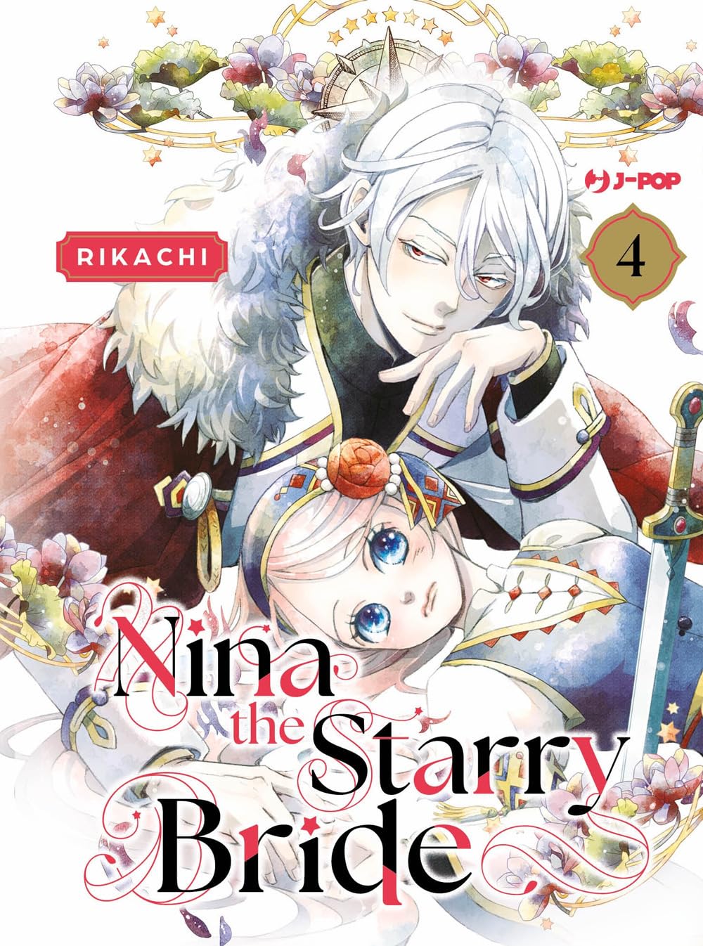 Copertina del quarto volume del manga 'Nina the Starry Bride' di Rikachi, edito da J-POP Manga. L'illustrazione ritrae in primo piano il principe Sett con affascinanti capelli bianchi e mantello dal colletto di pelliccia chinato con uno sguardo magnetico su Nina, la quale ha grandi occhi azzurri brillanti e un ornamento floreale tra i capelli, sormontati dal titolo 'Nina the Starry Bride' e dal numero 4.