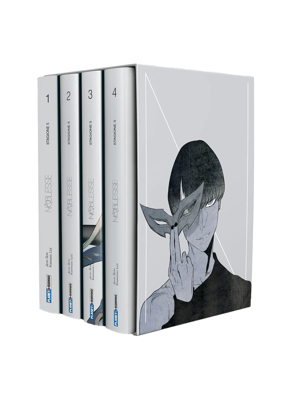 Cofanetto del manhwa Noblesse contenente 4 volumi (Stagione 5); il box è grigio e bianco con l'illustrazione artistica di un ragazzo che tiene in mano una maschera su sfondo geometrico.