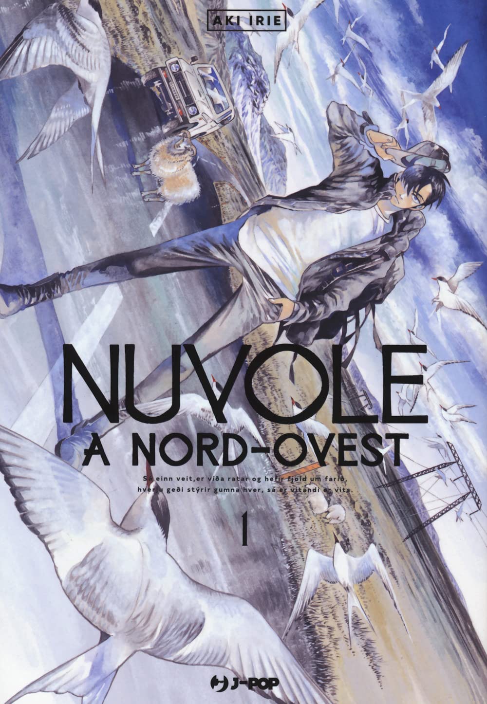 Copertina del manga Nuvole a Nord-Ovest volume 1; l'illustrazione artistica mostra il protagonista Kei Miyama in un paesaggio islandese ventoso, circondato da uccelli bianchi in volo, con pecore e un fuoristrada sullo sfondo.
