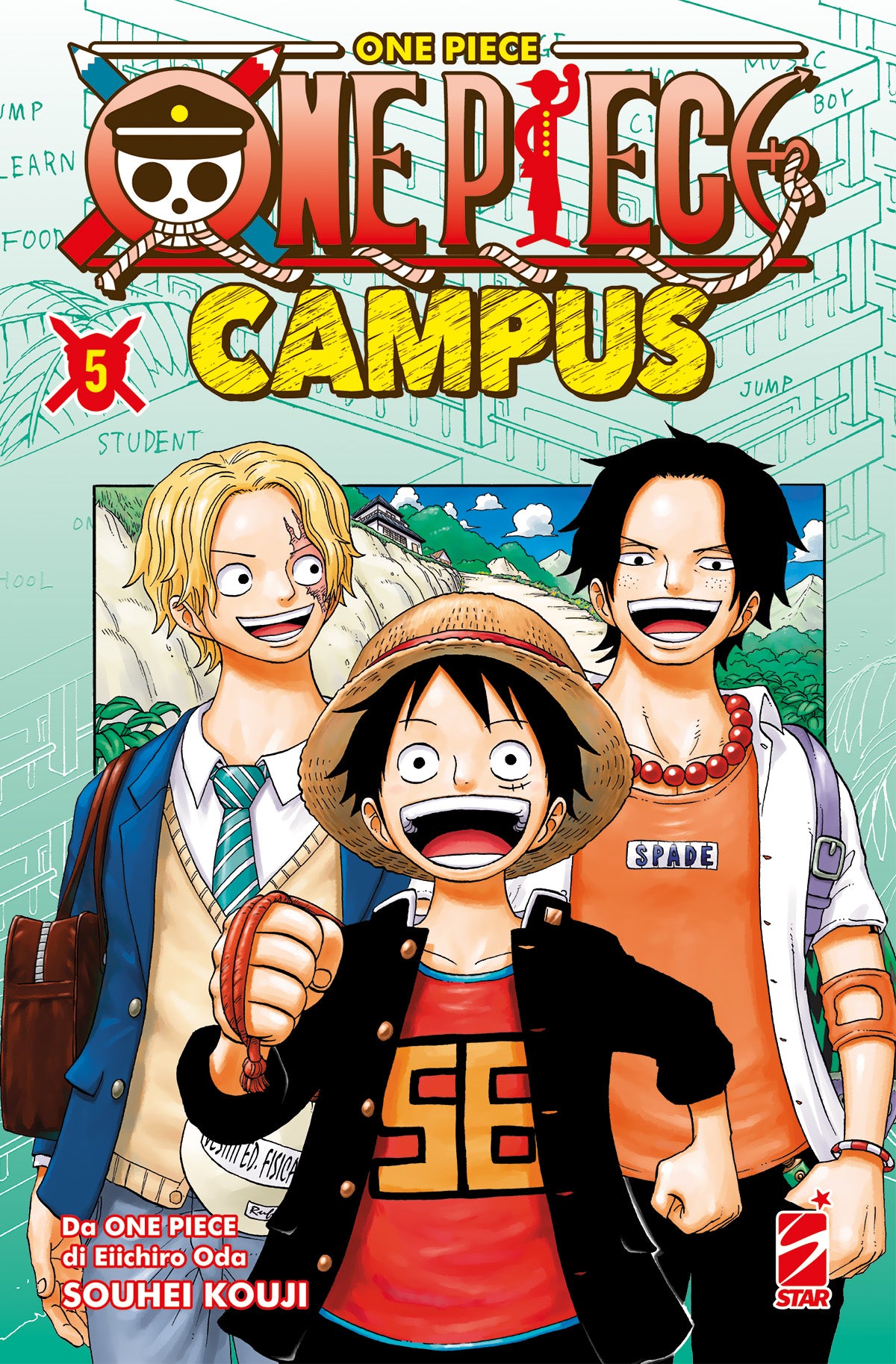 Copertina del quinto volume del manga One Piece Campus, raffigurante in primo piano tre celebri personaggi in versione studenti: Rufy sorridente al centro con il suo iconico cappello di paglia, affiancato da Sabo con capelli biondi e una cicatrice sul volto a sinistra e Ace con capelli neri e lentiggini a destra.