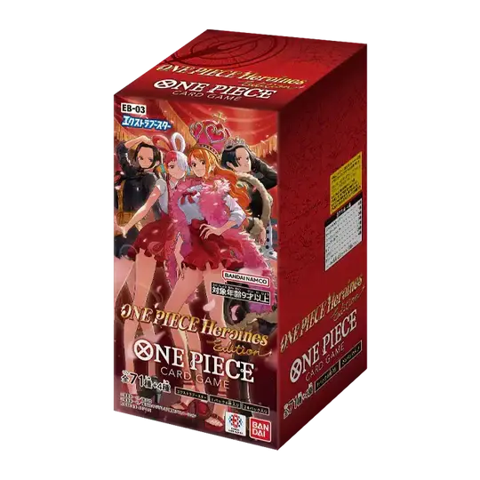 Display Box di colore rosso scuro del One Piece Card Game Extra Booster EB-03 "Heroines Edition" (versione giapponese); l'illustrazione di copertina mostra Nami al centro con Boa Hancock, Uta e Tashigi in abiti eleganti.