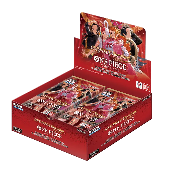 Display box espositivo aperto del gioco di carte collezionabili One Piece Card Game, espansione Extra Booster EB-03 intitolata "Heroines Edition". La vistosa scatola rossa funge da espositore per le numerose bustine contenute all'interno e mostra un'elegante illustrazione di gruppo con le celebri protagoniste femminili della serie anime e manga: Boa Hancock, Uta, Nami e Nico Robin. Sulla confezione e sulle bustine sono ben visibili il logo Bandai, l'indicazione circolare "English Ver." e la dicitura esplica