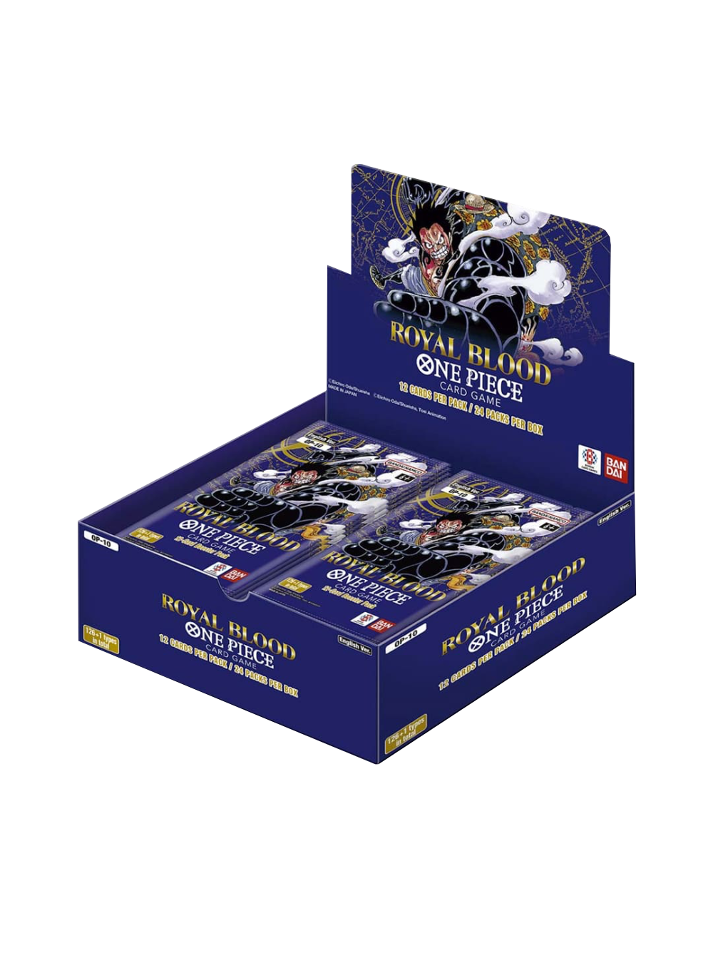 Display Box del gioco di carte One Piece set OP-10 "Royal Blood" (versione inglese); la scatola è di colore blu scuro e viola, con un'illustrazione dinamica di Monkey D. Luffy in Gear 4 Boundman circondato da fumo e fulmini.