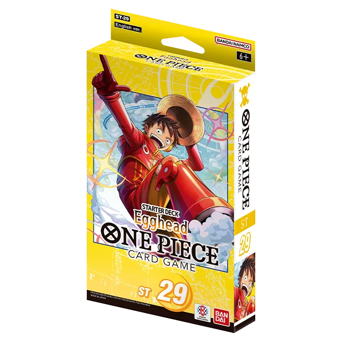Scatola gialla del One Piece Card Game Starter Deck ST-29 Egghead; in copertina un'illustrazione dinamica di Monkey D. Luffy in outfit futuristico rosso, con indicazione del Bonus Pack incluso.