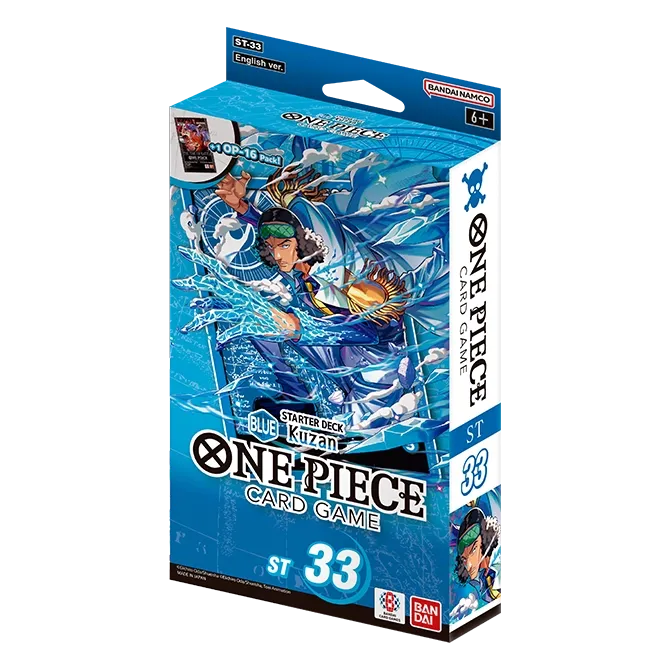 Scatola dello Starter Deck ST-33 di colore blu in lingua inglese del gioco di carte collezionabili One Piece Card Game, prodotto da Bandai. L'illustrazione della confezione mostra in primo piano Kuzan (Aokiji) con la mascherina verde da notte sulla fronte mentre scatena poteri ed effetti di ghiaccio azzurro, affiancato dalle diciture ST-33 English ver. e +1 OP-16 Pack.
