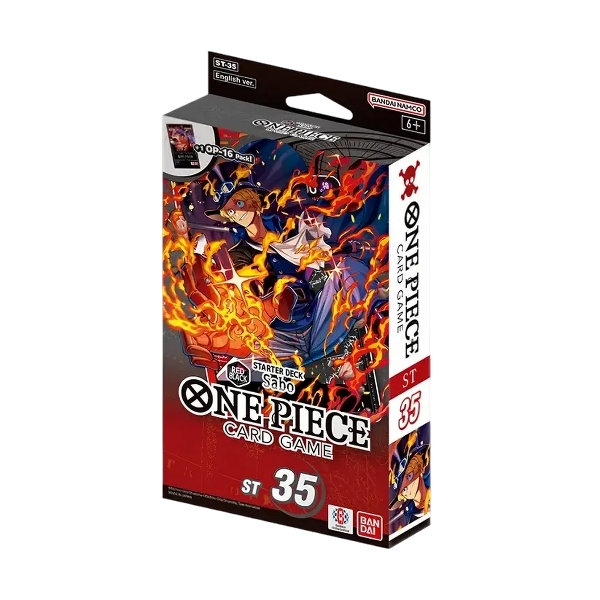 Scatola dello Starter Deck ST-35 in lingua inglese del gioco di carte collezionabili One Piece Card Game, prodotto da Bandai. L'illustrazione della confezione mostra in primo piano Sabo con il cappello a cilindro, gli occhialoni e le mani avvolte dal fuoco, affiancato dallo stemma bicolore Red/Black e dalle diciture ST-35 English ver. e +1 OP-16 Pack.
