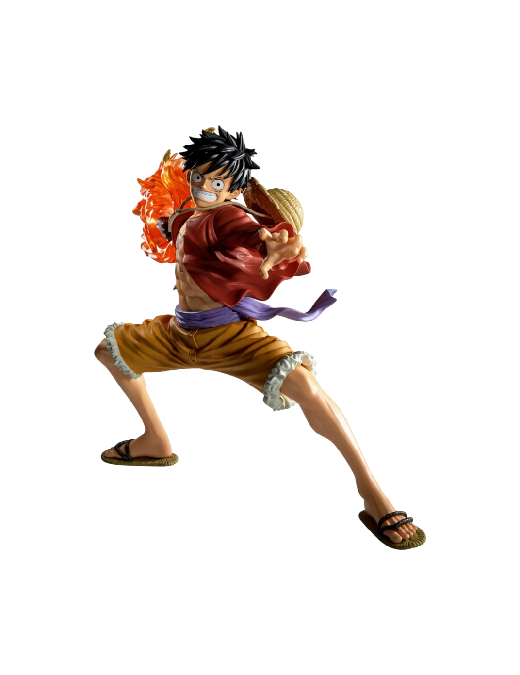 Figure di Monkey D. Luffy in posa da combattimento con effetto di fuoco sul pugno dalla linea Maximatic Plus di Banpresto per One Piece.
