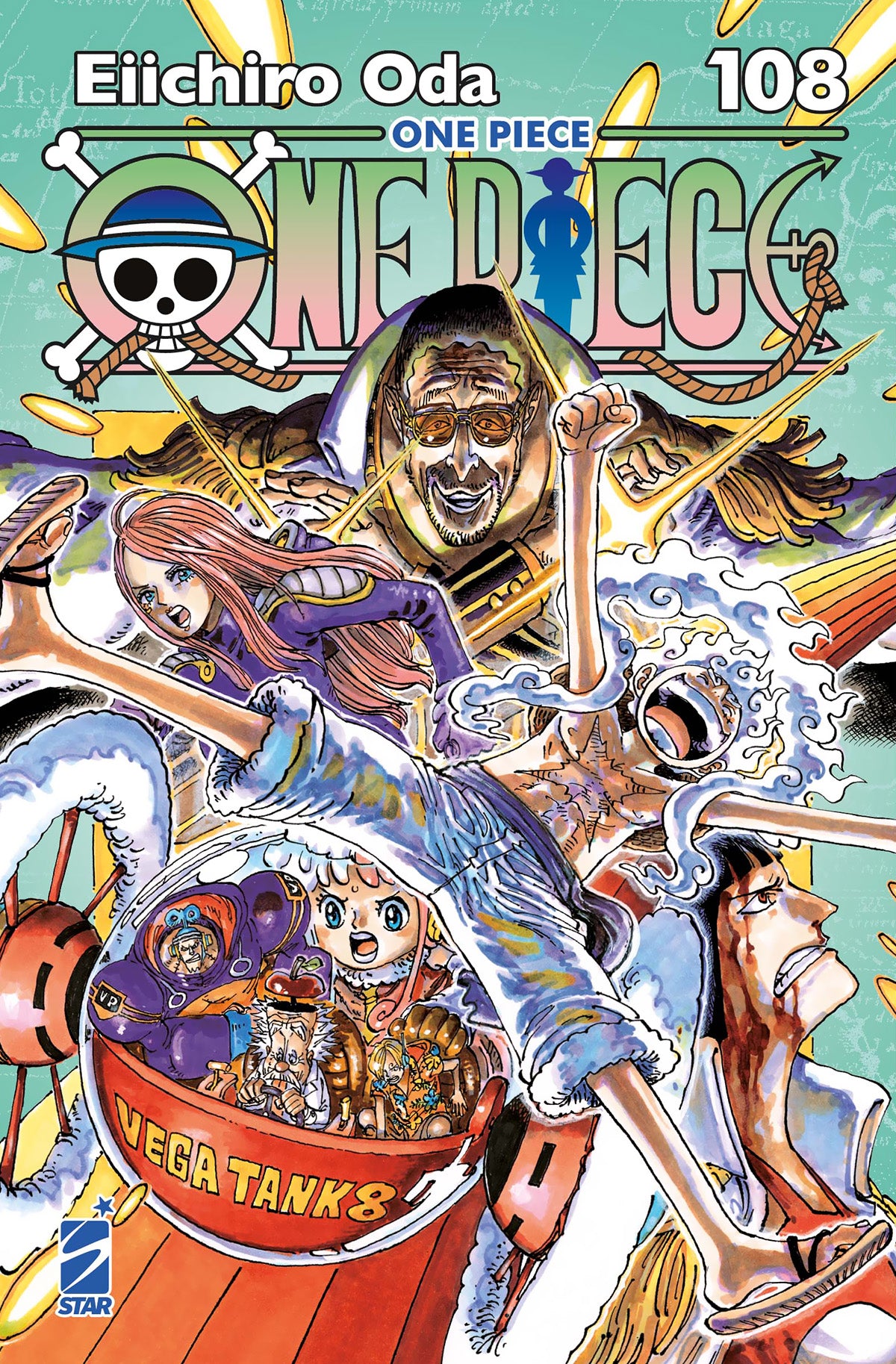 Copertina del manga One Piece New Edition Vol. 108 di Eiichiro Oda, con Rufy Gear 5 e l'Ammiraglio Kizaru o i Cinque Astri di Saggezza.