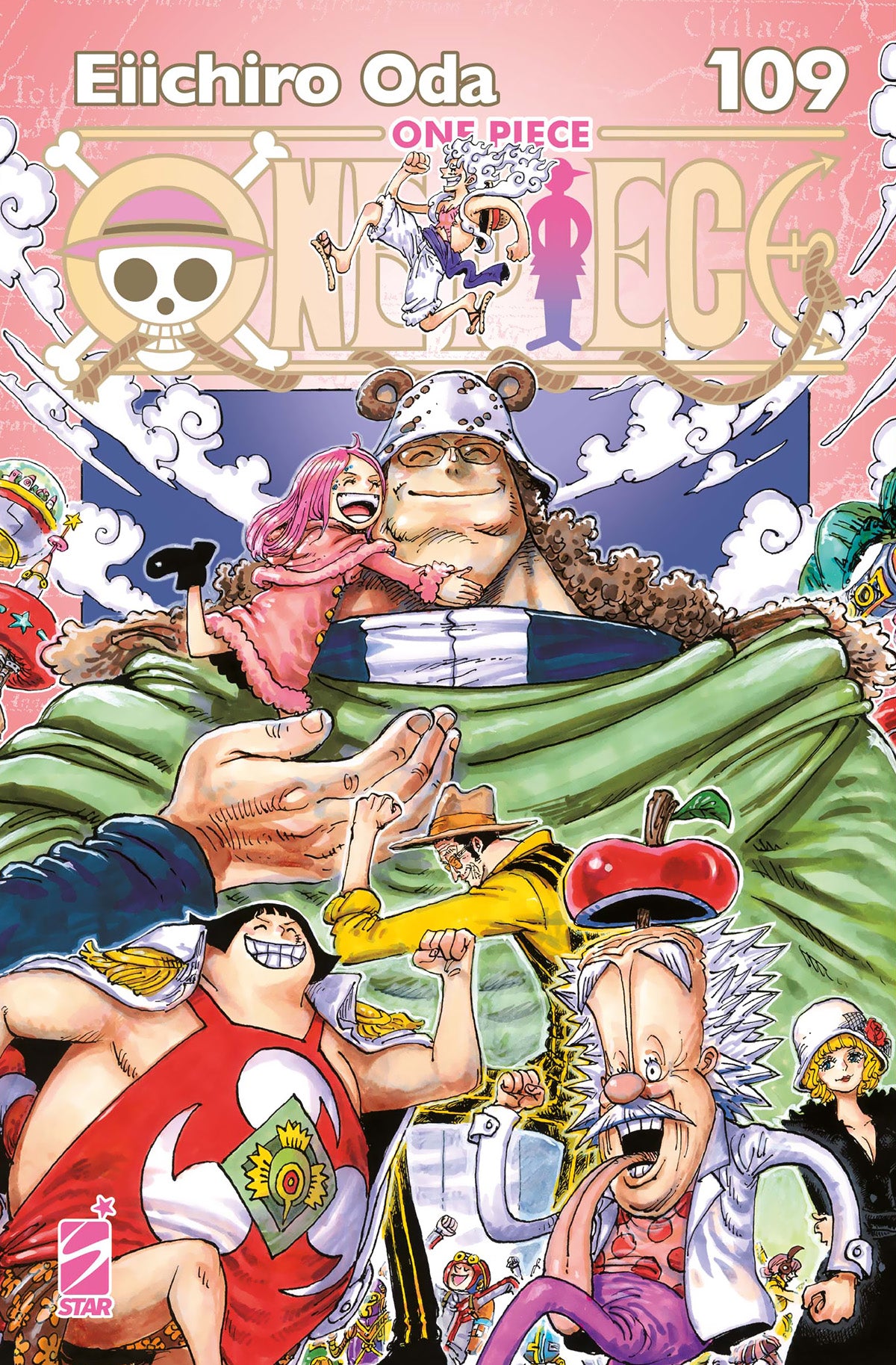 Copertina del manga One Piece New Edition Vol. 109, scritto e disegnato da Eiichiro Oda ed edito da Star Comics. La parte superiore presenta uno sfondo rosa con il titolo bianco "Eiichiro Oda" e il numero "109"; al centro del classico logo di One Piece compare Luffy nella sua forma Gear 5 tutto bianco e sorridente. L'illustrazione centrale, molto commovente, mostra il gigantesco Orso Bartholomew (Kuma) che sorride dolcemente mentre abbraccia con un enorme braccio la giovane Bonney dai capelli rosa,