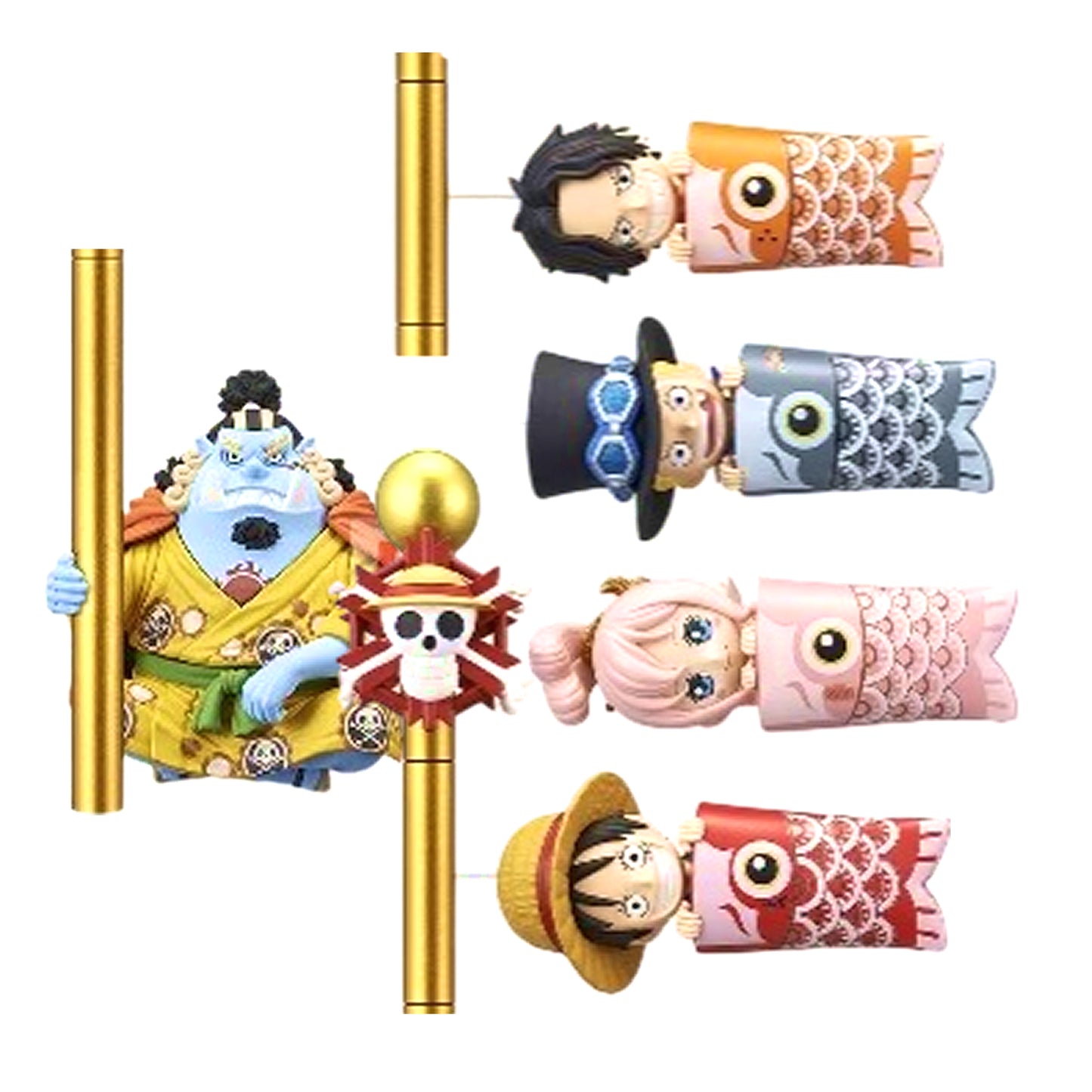 Set di cinque mini figure di One Piece a tema Koinobori. A sinistra Jinbe regge un'asta dorata con il teschio di Cappello di Paglia, a cui sono collegati orizzontalmente quattro personaggi avvolti in costumi da carpa volante: Ace, Sabo, Shirahoshi e Luffy, ciascuno di un colore diverso.