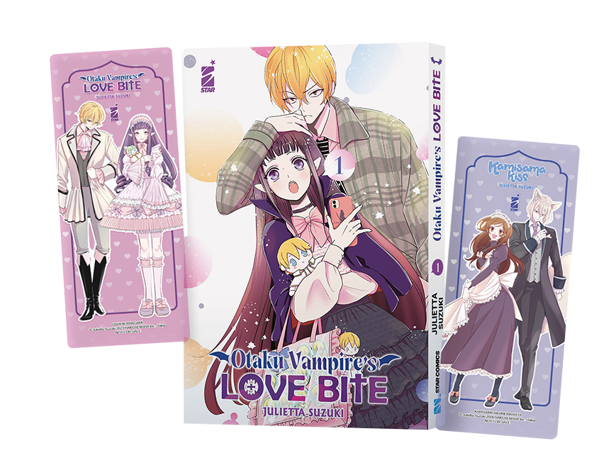Immagine promozionale del manga Otaku Vampire's Love Bite Vol. 1 Limited Edition; al centro il volume con la vampira protagonista e il ragazzo biondo. Ai lati due card in omaggio: una rosa con i protagonisti della serie e una viola con Nanami e Tomoe di Kamisama Kiss.
