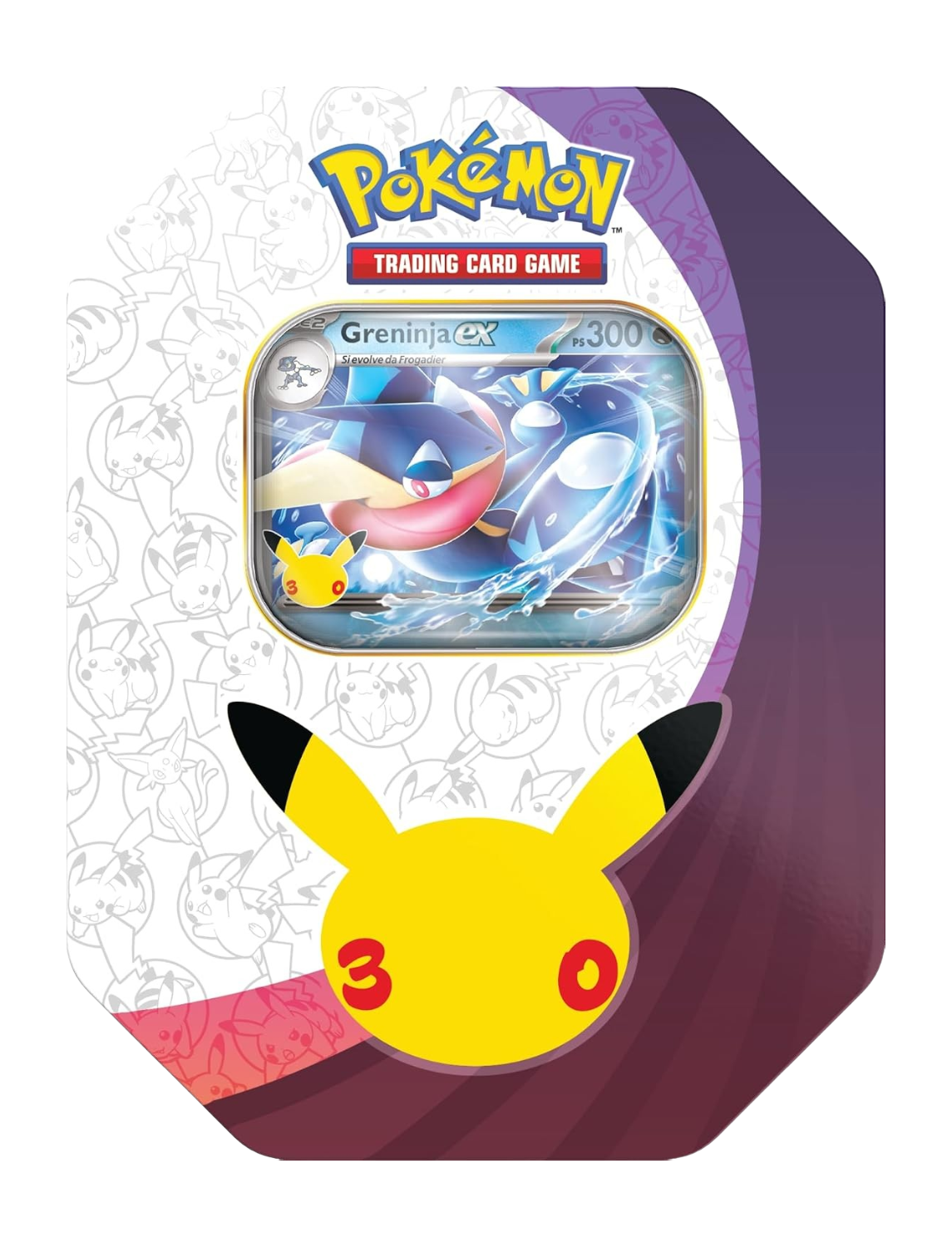 Scatola da collezione in metallo Pokémon 30° Anniversario con la carta promozionale olografica di Greninja-ex e il logo di Pikachu.