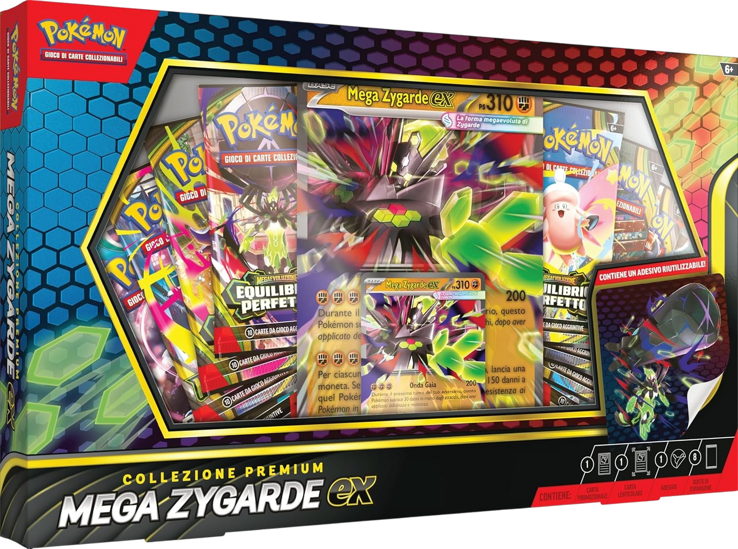 Box Pokémon Collezione Premium Mega Zygarde-EX. Contiene una carta gigante lenticolare, una promo olografica, un adesivo e buste d'espansione.