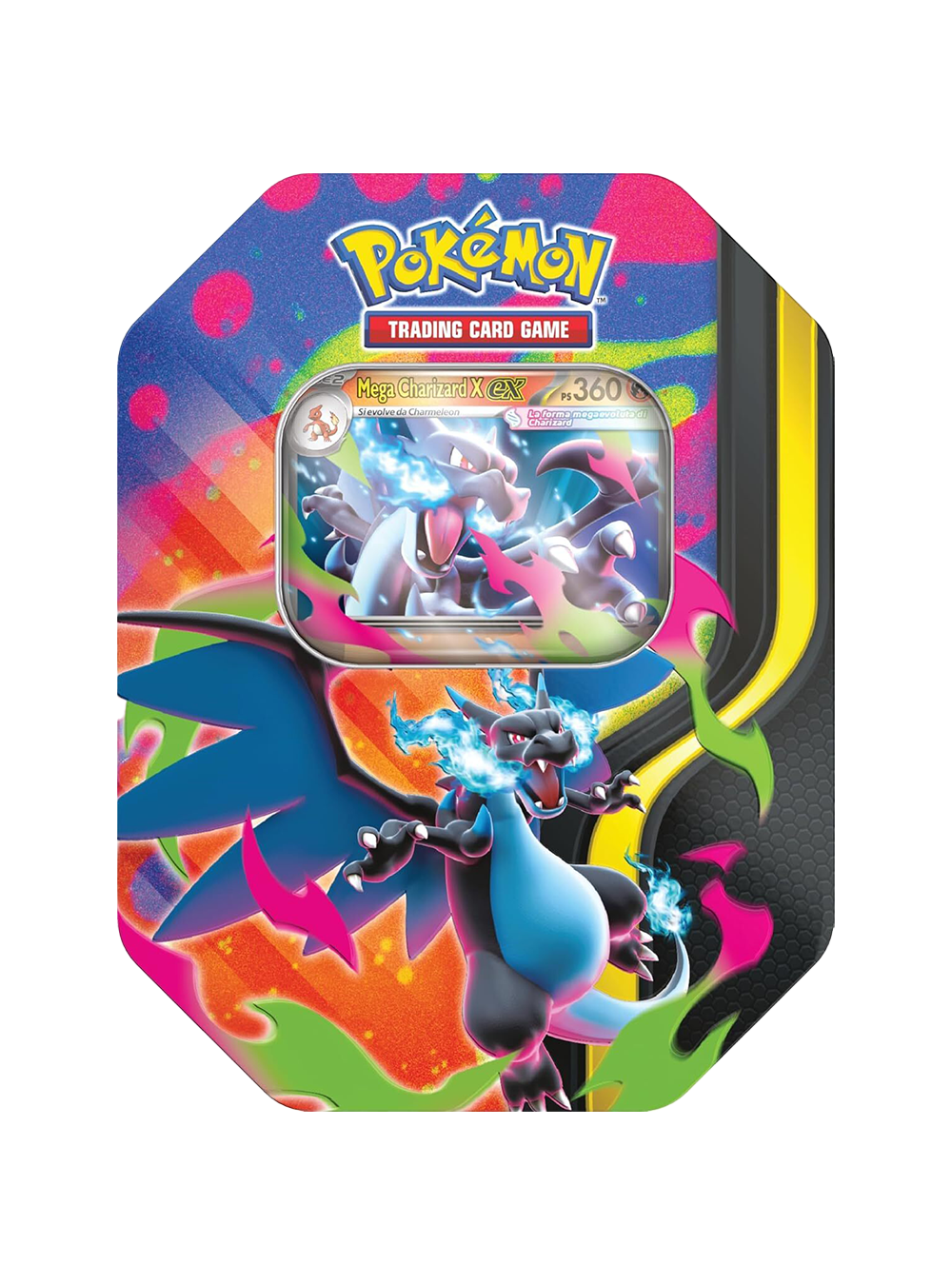 Parte frontale della colorata Tin metallica da Collezione del Gioco di Carte Collezionabili Pokémon. Sulla scatola spicca un'illustrazione dinamica di Mega Charizard X, raffigurato come un drago nero e azzurro che emette intense fiamme blu dalla bocca, su uno sfondo arcobaleno astratto. Nella parte superiore della confezione, in una finestra trasparente, è ben visibile la carta olografica promozionale in italiano "Mega Charizard X ex". In evidenza in alto il classico logo giallo e blu dei Pokémon.