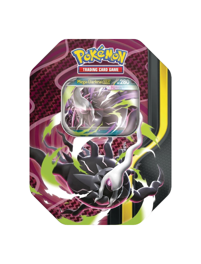 Tin da collezione in metallo del GCC Pokémon raffigurante Mega Darkrai-ex su sfondo scuro con tonalità magenta e bagliori verdi, dotata di finestra espositiva che mostra la carta promozionale olografica di Mega Darkrai-ex con 280 PS.