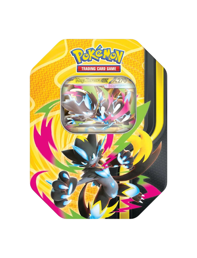 Tin da collezione in metallo del GCC Pokémon raffigurante Mega Zeraora-ex in posa dinamica tra fulmini su sfondo giallo e nero, con finestra espositiva che mostra la carta promozionale olografica di Mega Zeraora-ex da 270 PS.