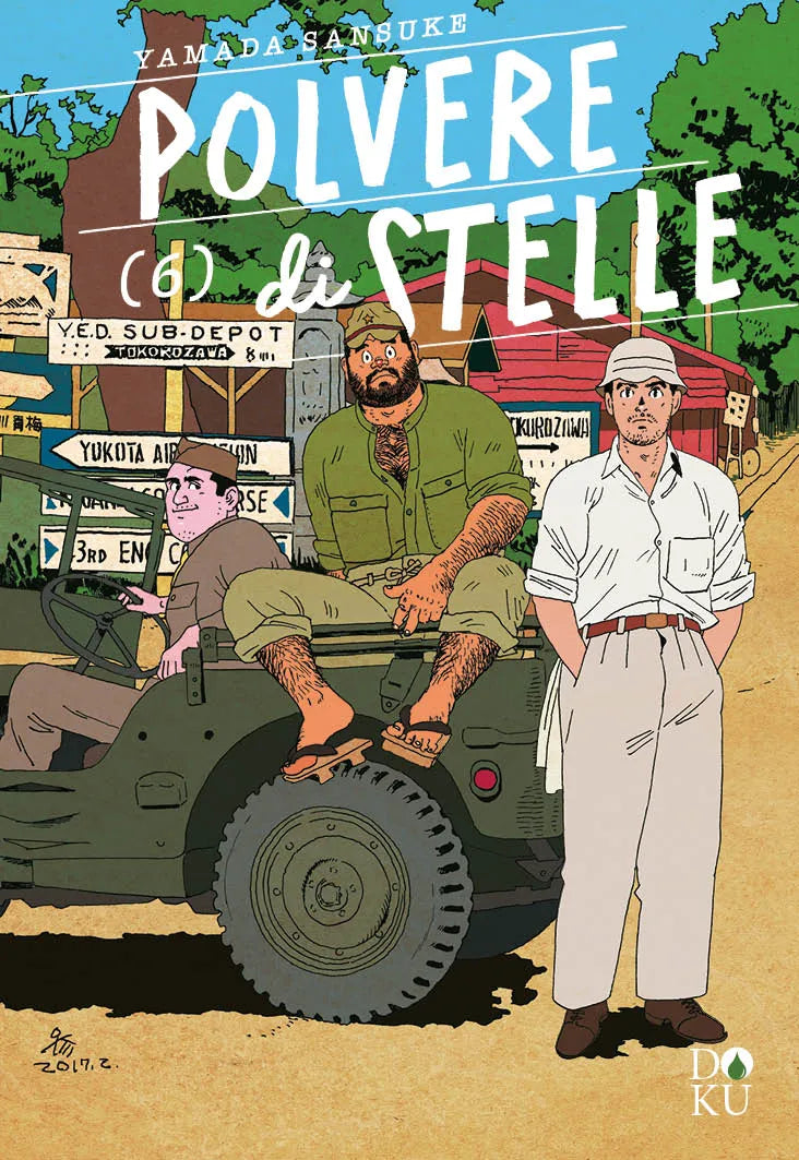 Copertina di Polvere di Stelle Vol. 6 (Coconino Press). Tre uomini vicino a una Jeep militare: uno è al volante, uno robusto in divisa è seduto sul cofano, e il terzo è in piedi con cappello bianco e pantaloni chiari.
