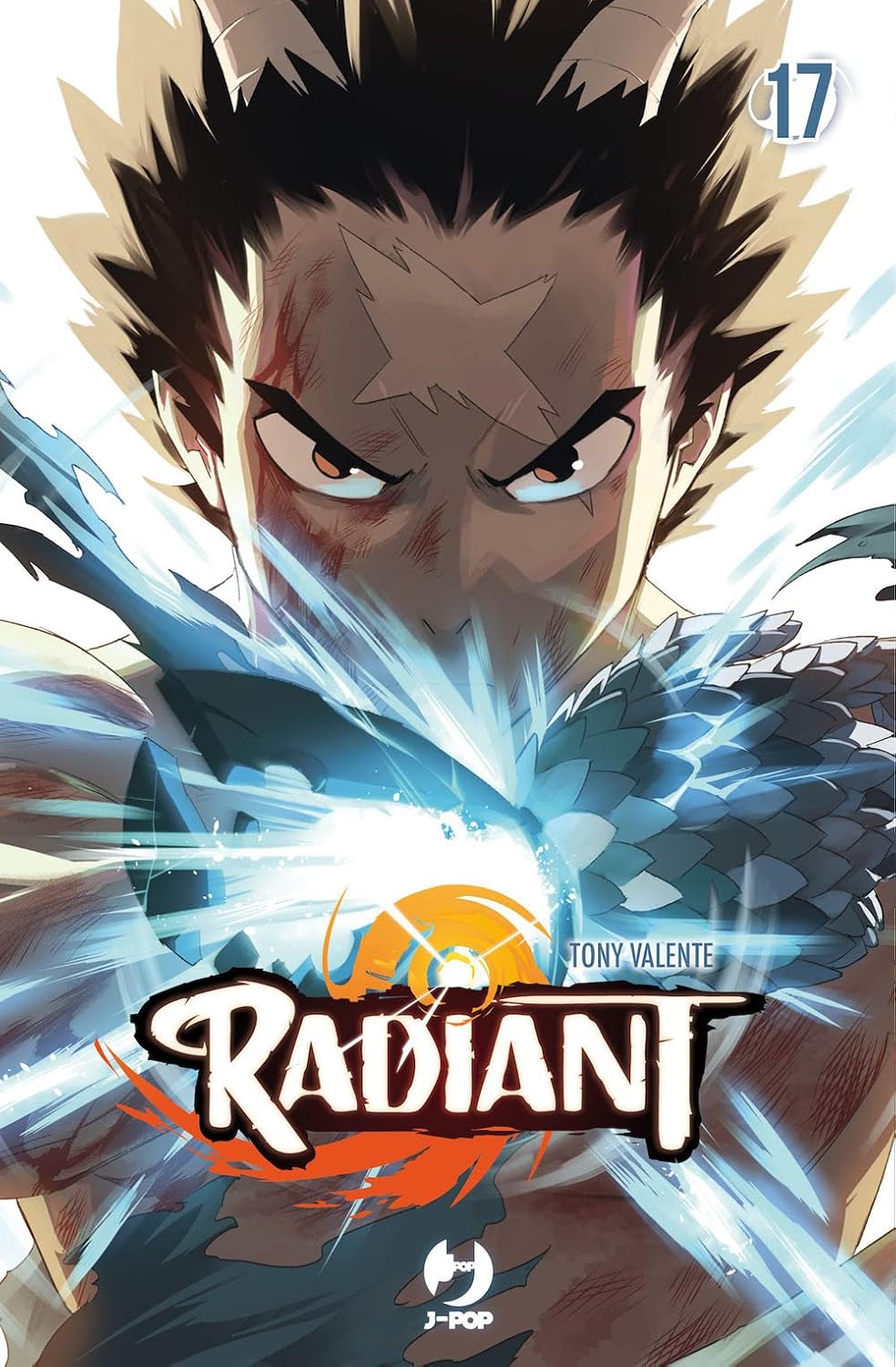 Copertina del diciassettesimo volume del manga Radiant, con un primo piano del volto di Seth graffiato e dallo sguardo feroce, mentre sprigiona una potente energia magica azzurra e bianca.