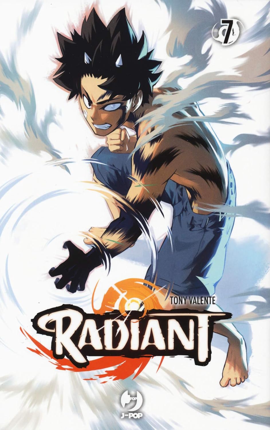 Copertina del settimo volume del manga Radiant, che mostra Seth in una forma parzialmente trasformata, con segni scuri sul corpo e occhi luminosi, circondato da energia.
