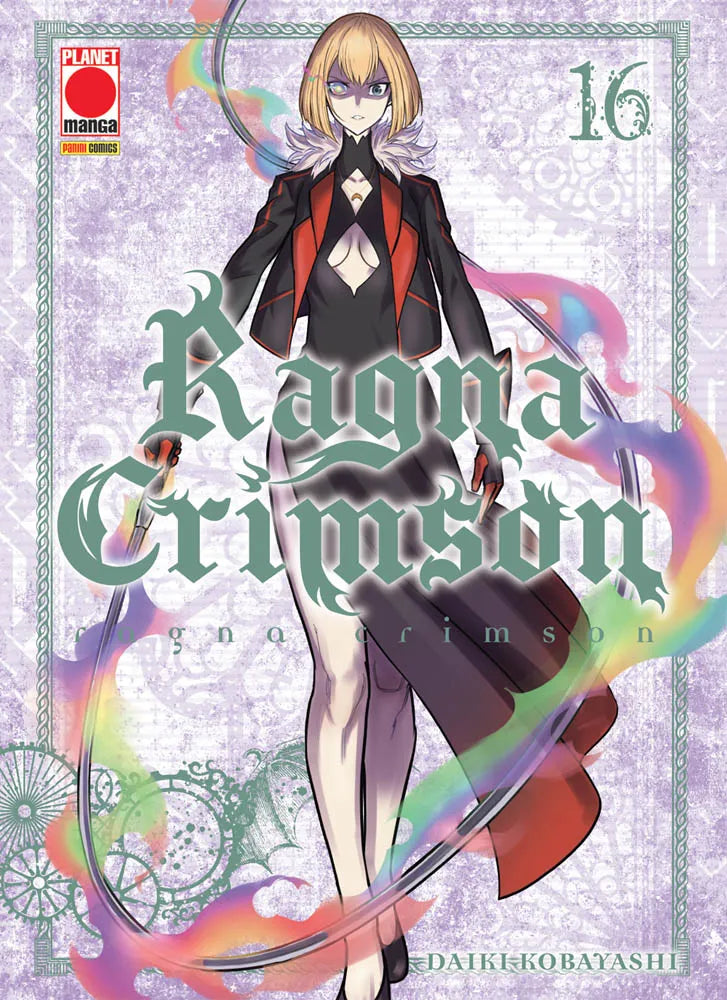 Copertina del manga Ragna Crimson Vol. 16 (Planet Manga). Una ragazza bionda con sguardo severo impugna una grande falce ricurva avvolta da un'aura multicolore su sfondo lavanda.