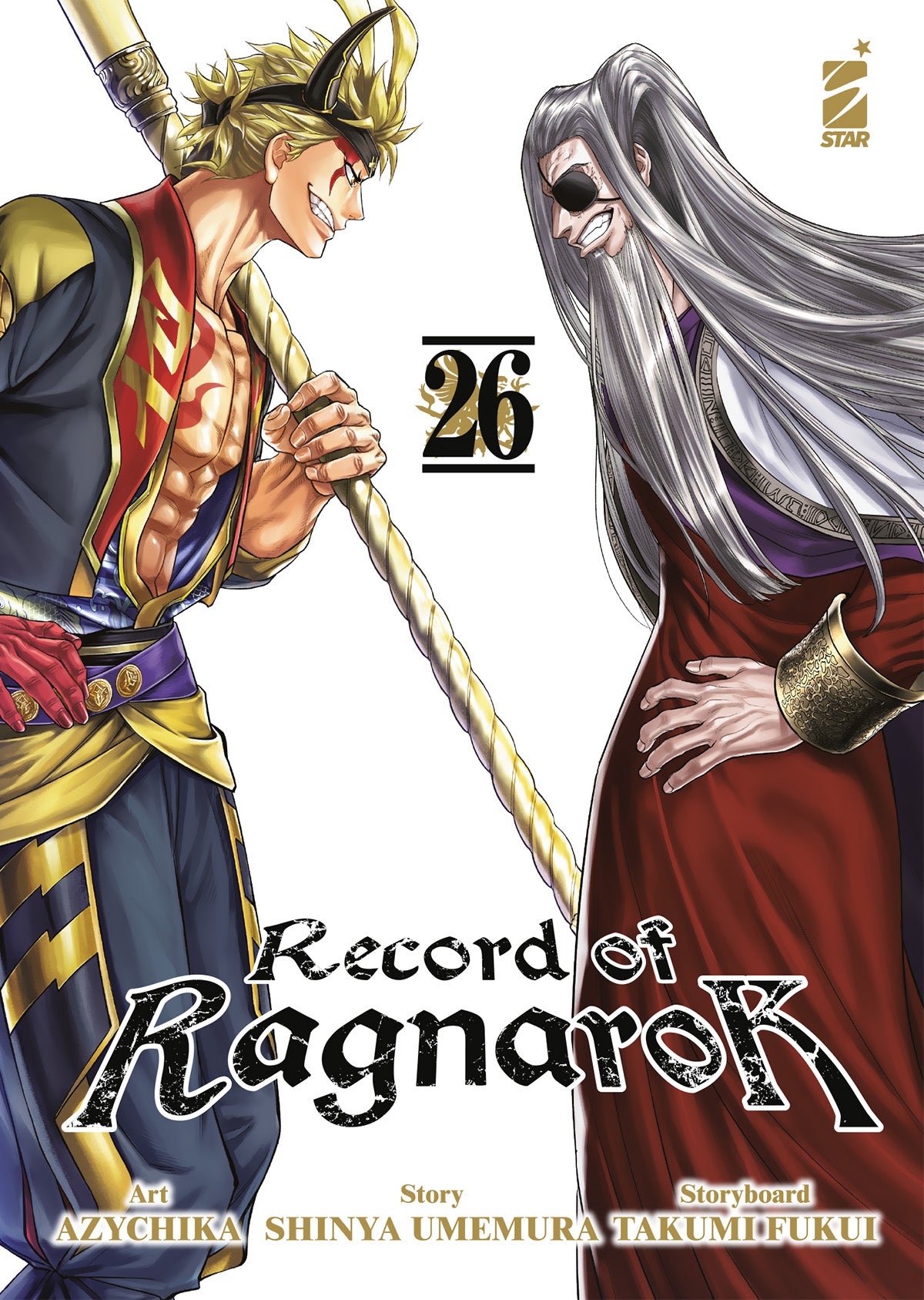Copertina del ventiseiesimo volume in italiano del manga 'Record of Ragnarok' di Azychika, Shinya Umemura e Takumi Fukui, edito da Star Comics. L'illustrazione su sfondo bianco ritrae l'uno di fronte all'altro due combattenti: a sinistra il biondo Kintoki Sakata con un ghigno fiero, un bastone dorato posato sulla spalla e tatuaggi rossi sul petto muscoloso, mentre a destra si trova il dio Odino con lunghi capelli grigi, barba, benda sull'occhio e mantello rosso, separati al centro dal numero 26 e dal titolo