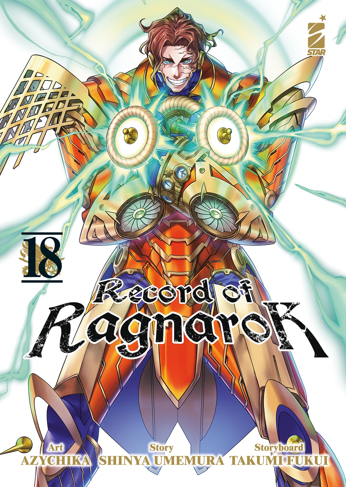 Copertina del manga Record of Ragnarok Vol. 18; Nikola Tesla è in primo piano indossando un'armatura tecnologica complessa color rame e oro. È circondato da scariche di energia elettrica verde e sorride in modo sicuro.
