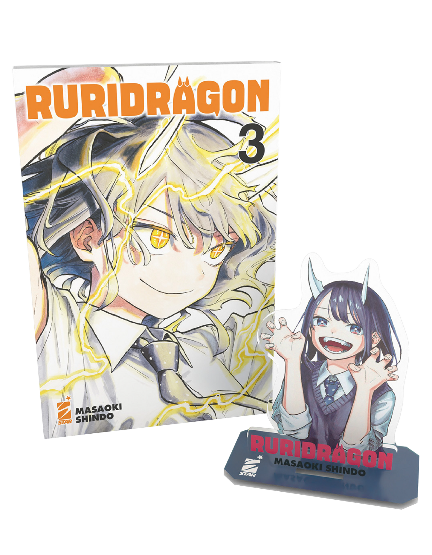 Set edizione limitata RuriDragon volume 3 edito da Star Comics; l'immagine mostra il volume con Ruri circondata da fulmini gialli e, accanto, lo standee in acrilico della protagonista che sorride facendo il gesto degli artigli con le mani.