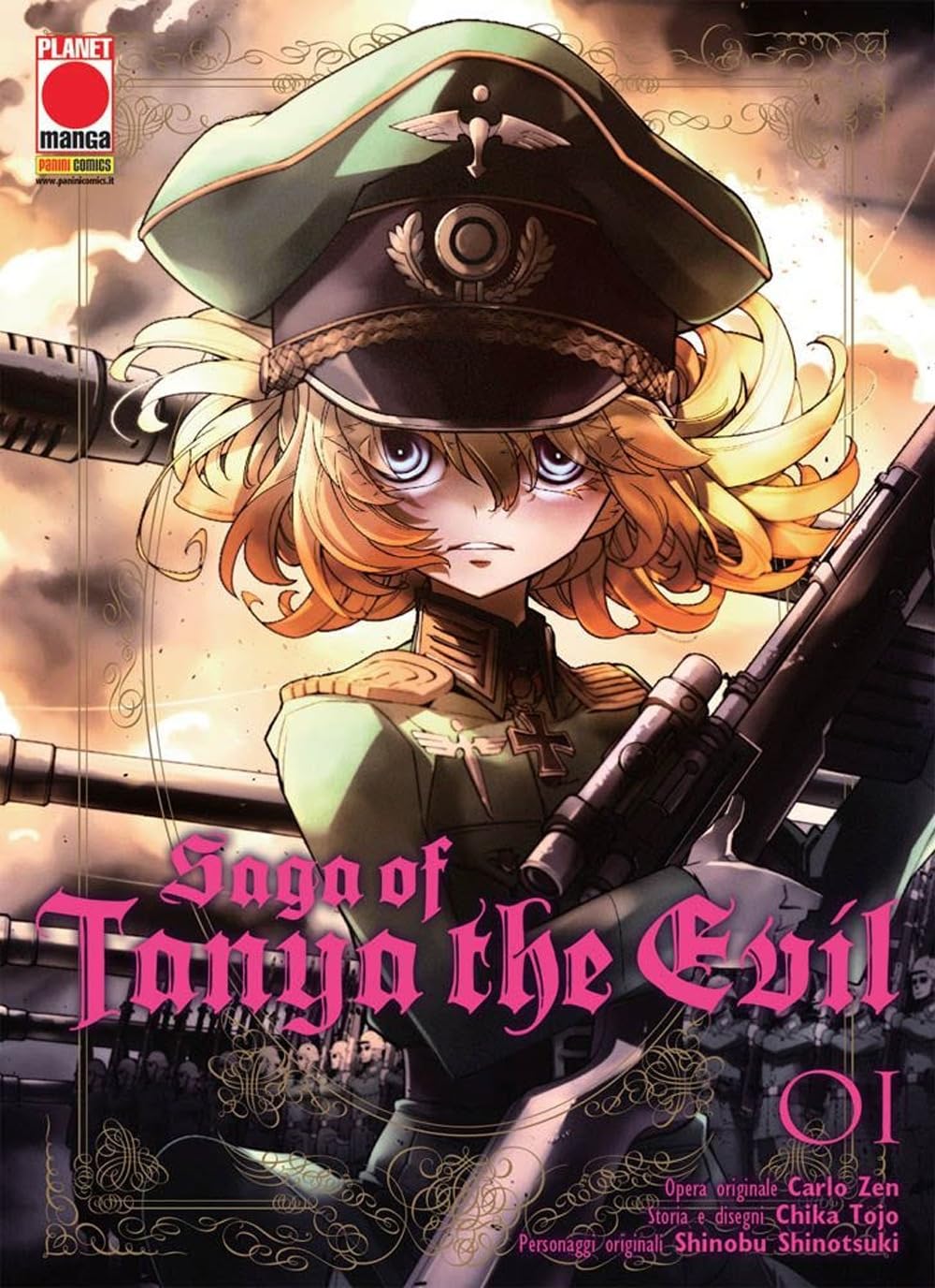 Copertina del primo volume del manga 'Saga of Tanya the Evil' di Carlo Zen e Chika Tojo, edito da Panini Planet Manga. L'illustrazione ritrae Tanya Degurechaff in divisa e cappello militare da ufficiale mentre imbraccia un fucile, sormontata dal titolo stilizzato in rosa e dal numero 01.