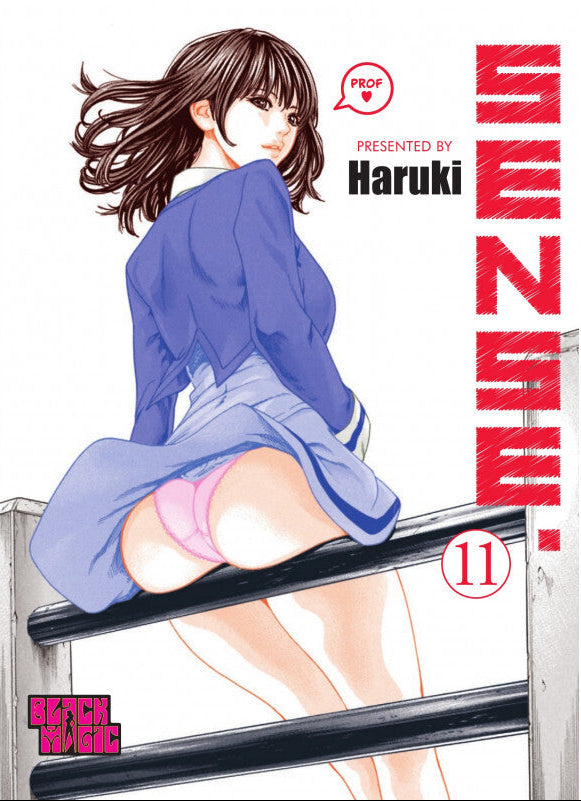 Copertina dell'undicesimo volume del manga Sense in edizione variant. Un'illustrazione in stile anime mostra una ragazza con capelli castani mossa dal vento e una giacca blu scuro, seduta di spalle su una ringhiera metallica con la gonna sollevata che mostra l'intimo rosa. Sulla destra spicca il titolo SENSE in grandi lettere rosse verticali.