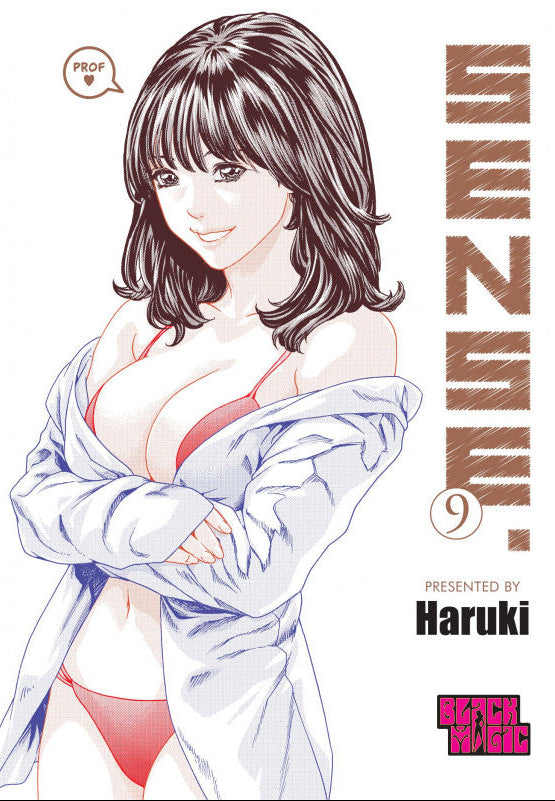Copertina dell'edizione Variant del manga Sense Vol. 9, edito da Magic Press sotto l'etichetta Black Magic. L'illustrazione mostra, su uno sfondo completamente bianco, una giovane donna dai capelli scuri mossi fino alle spalle, con le braccia conserte e un dolce sorriso. La ragazza indossa un bikini rosso e una camicia chiara oversize sbottonata che le scivola morbidamente lungo le braccia. Accanto al suo viso è presente un piccolo fumetto rotondo con la scritta "PROF ♥". Sul lato destro della copertina cam