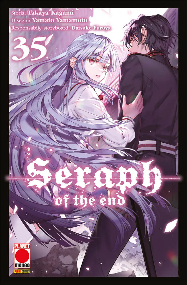 Copertina del trentacinquesimo volume del manga 'Seraph of the End' di Takaya Kagami e Yamato Yamamoto, edito da Planet Manga. L'illustrazione ritrae in primo piano una ragazza con lunghissimi capelli argentati e occhi rossi mentre abbraccia da dietro un giovane di spalle con divisa militare scura e capelli neri, sormontati dal titolo 'Seraph of the end' in lettere gotiche bianche e dal numero 35 in alto a sinistra.