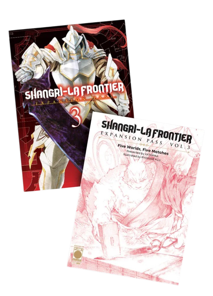 Copertine di Shangri-La Frontier Vol. 3 Expansion Pass. A sinistra la variant cover con un cavaliere in armatura bianca; a destra il booklet con un personaggio bestiale.