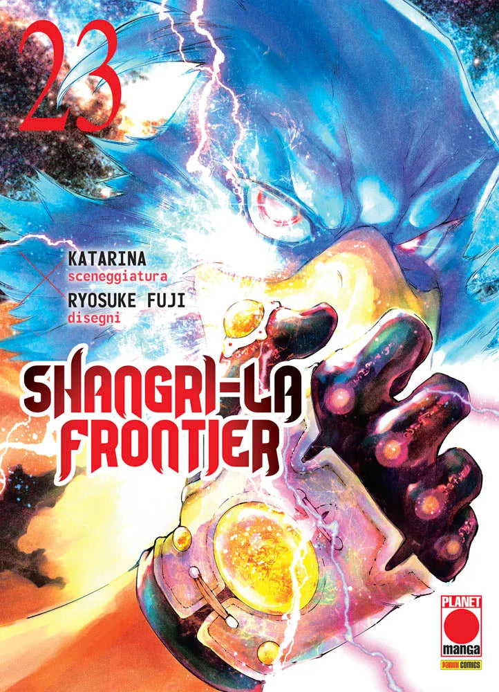 Copertina del ventitreesimo volume del manga Shangri-la Frontier, con il protagonista Sunraku che indossa la sua tipica maschera da uccello azzurro e sferra un pugno elettrificato in primo piano.
