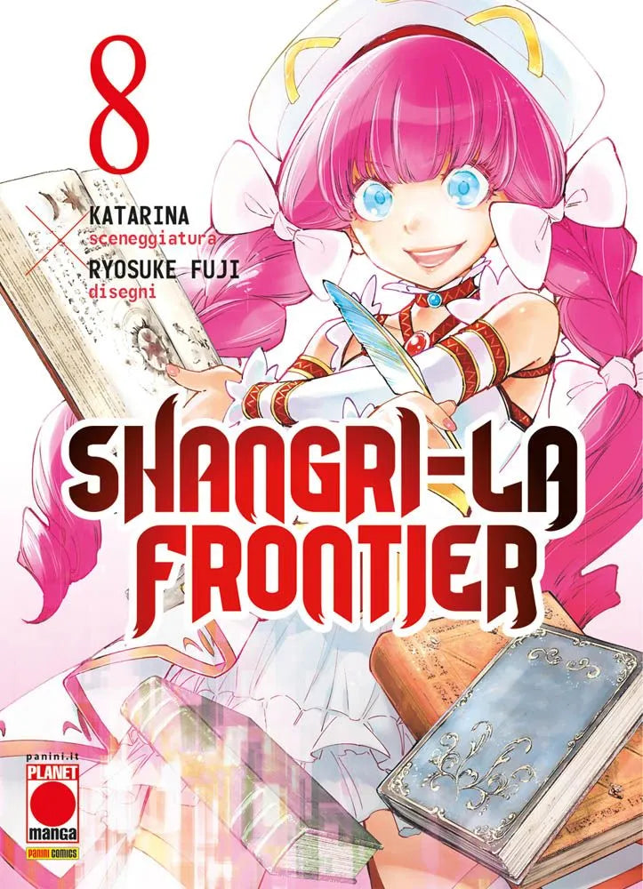 Copertina del manga Shangri-La Frontier Vol. 8, edito da Panini Planet Manga. L'illustrazione mostra in primo piano una ragazza molto sorridente, caratterizzata da grandi e luminosi occhi azzurri e vistosi capelli fucsia acconciati in due folte code laterali fermate da grandi fiocchi bianchi. La giovane indossa un elaborato e grazioso abitino bianco con dettagli rossi e dorati, e regge con una mano un grande libro aperto dal sapore antico, mentre con l'altra impugna una penna d'oca sfumata. In basso, ai suo