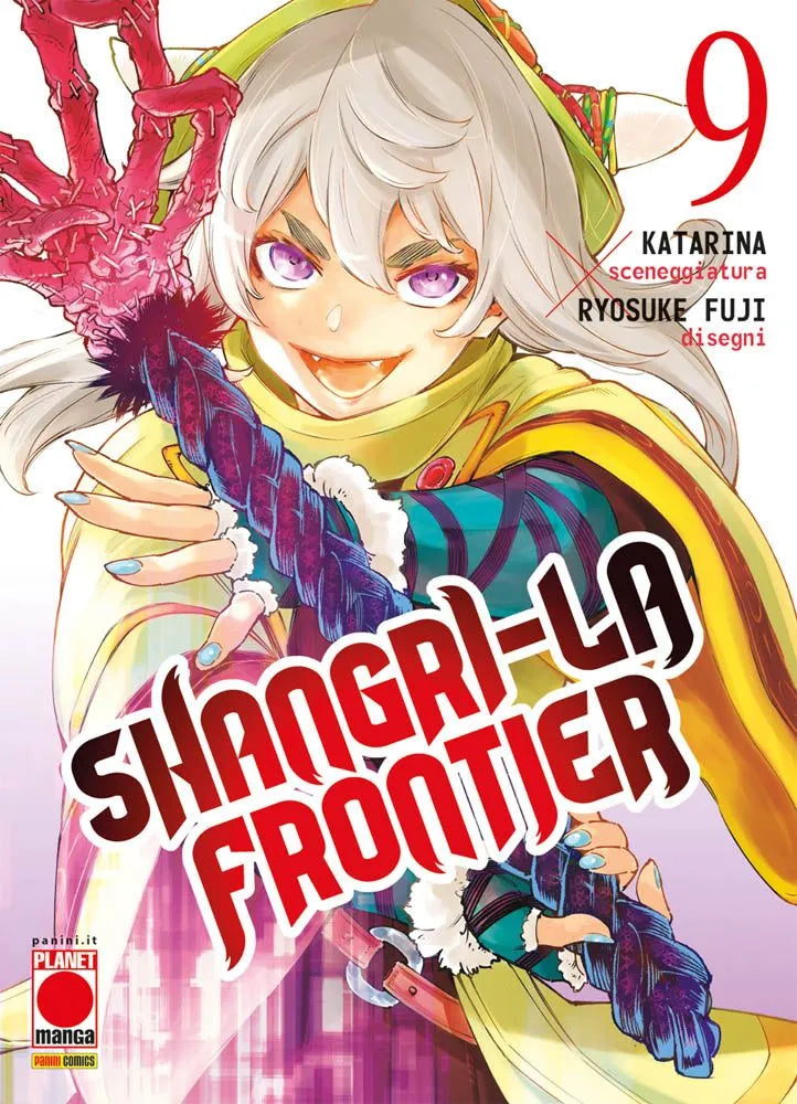 Copertina del manga Shangri-La Frontier Vol. 9, edito da Panini Planet Manga. L'illustrazione vibrante mostra in primissimo piano un personaggio dal sorriso vivace che lascia intravedere canini appuntiti, incorniciato da grandi occhi viola e corti capelli bianchi. Indossa un appariscente mantello giallo, abiti verde acqua con venature scure e stringe con una mano dalle unghie azzurre una strana arma blu e viola dall'aspetto organico. Al centro campeggia in diagonale il grande titolo "SHANGRI-LA FRONTIER" a