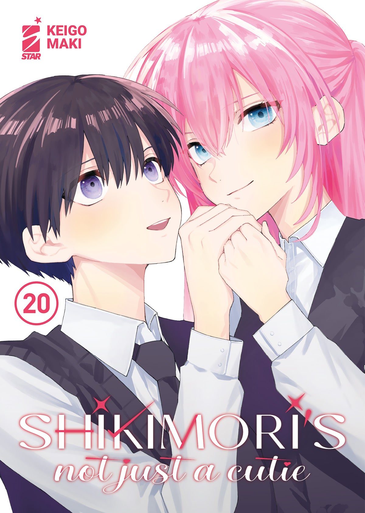 Copertina del manga Shikimori's Not Just A Cutie Vol. 20; i protagonisti Shikimori (capelli rosa) e Izumi (capelli scuri) sono ritratti in primo piano mentre si tengono le mani intrecciate al petto e si guardano negli occhi sorridendo dolcemente.