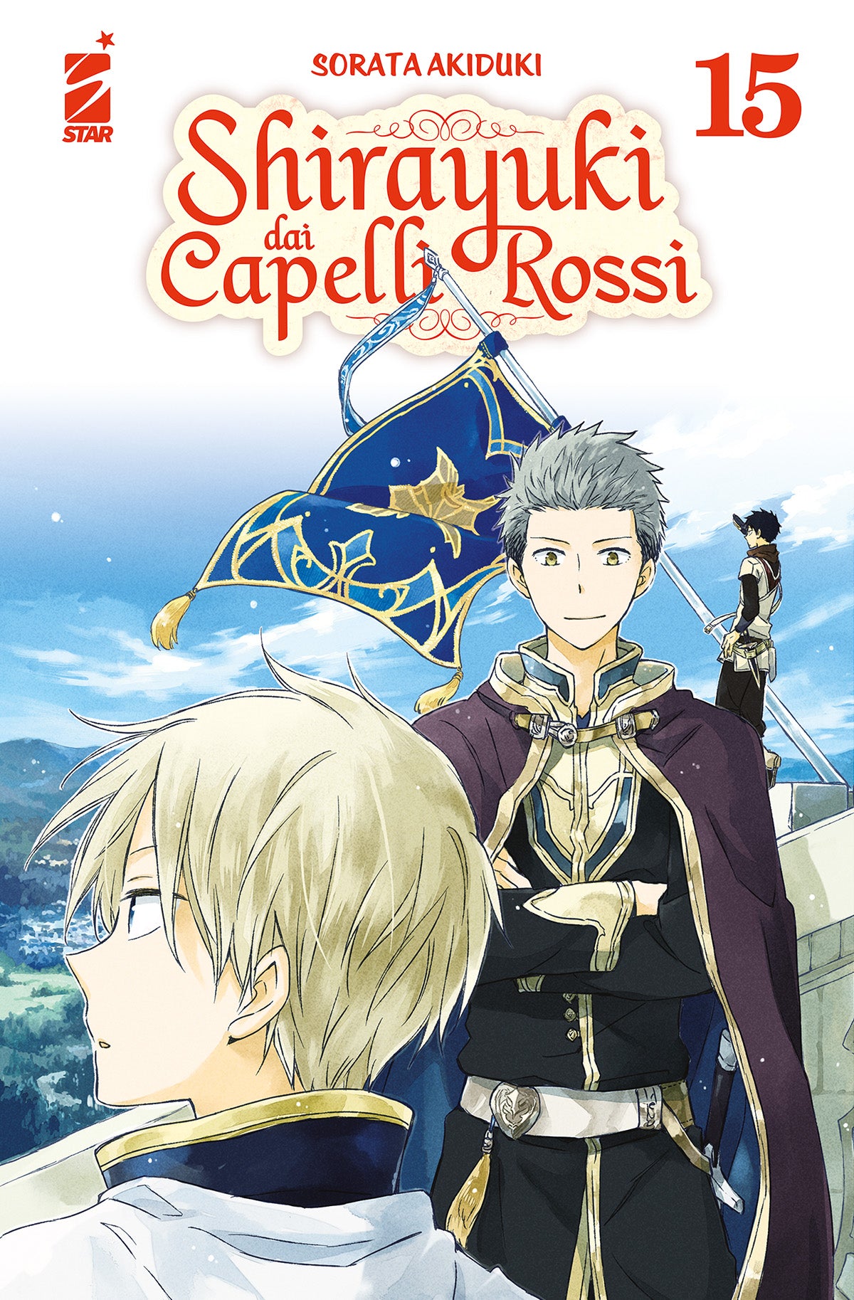 Copertina del quindicesimo volume del manga 'Shirayuki dai Capelli Rossi' di Sorata Akiduki, edito da Star Comics. L'illustrazione ritrae il principe Zen in primo piano di profilo e Mitsuhide sorridente sullo sfondo della balconata del castello, sormontati dal titolo e dal numero 15.