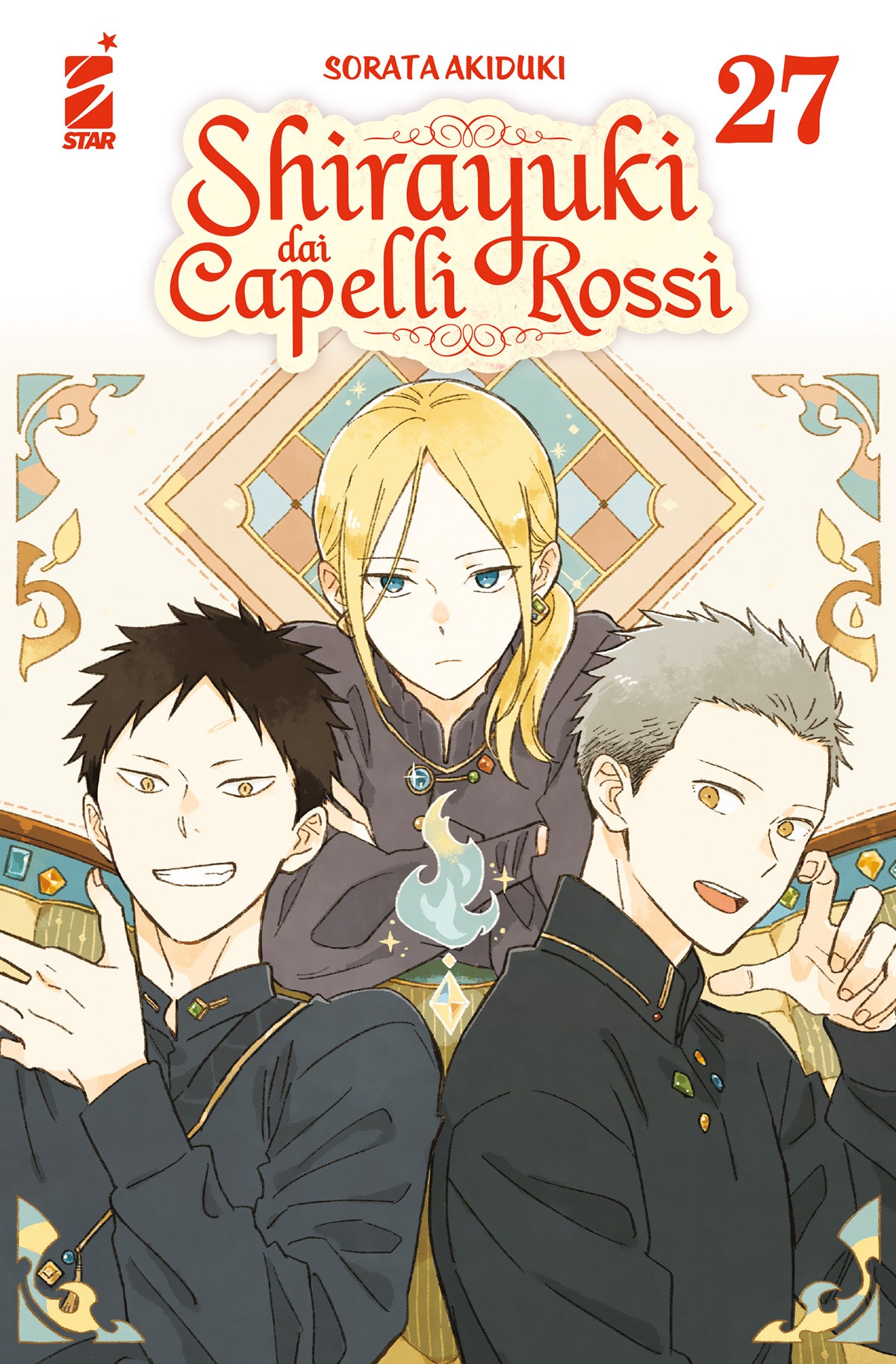 Copertina Shirayuki 27. Ragazza bionda tra due giovani sorridenti in divisa scura su sfondo chiaro con decori dorati.