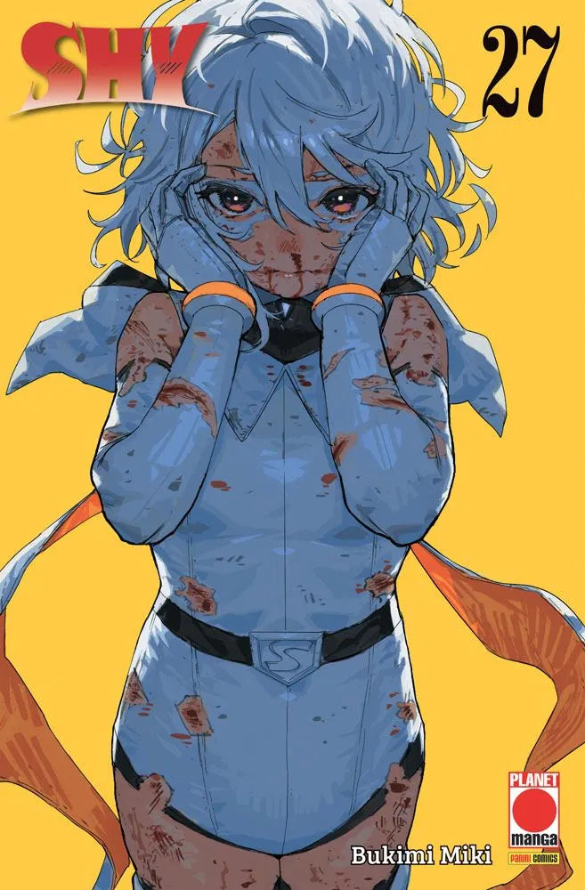 Copertina del manga Shy Vol. 27, edito da Panini Planet Manga. Su un vivace sfondo giallo a tinta unita, si staglia in primo piano la figura della giovane supereroina Shy, visibilmente provata e ferita dalla battaglia. Indossa il suo iconico costume azzurro, arricchito da una cintura nera con fibbia a forma di "S", bracciali arancioni e sciarpa abbinata. La tuta, tuttavia, è logora e vistosamente strappata in più punti. La ragazza presenta macchie di sangue e graffi sul viso e sul corpo.