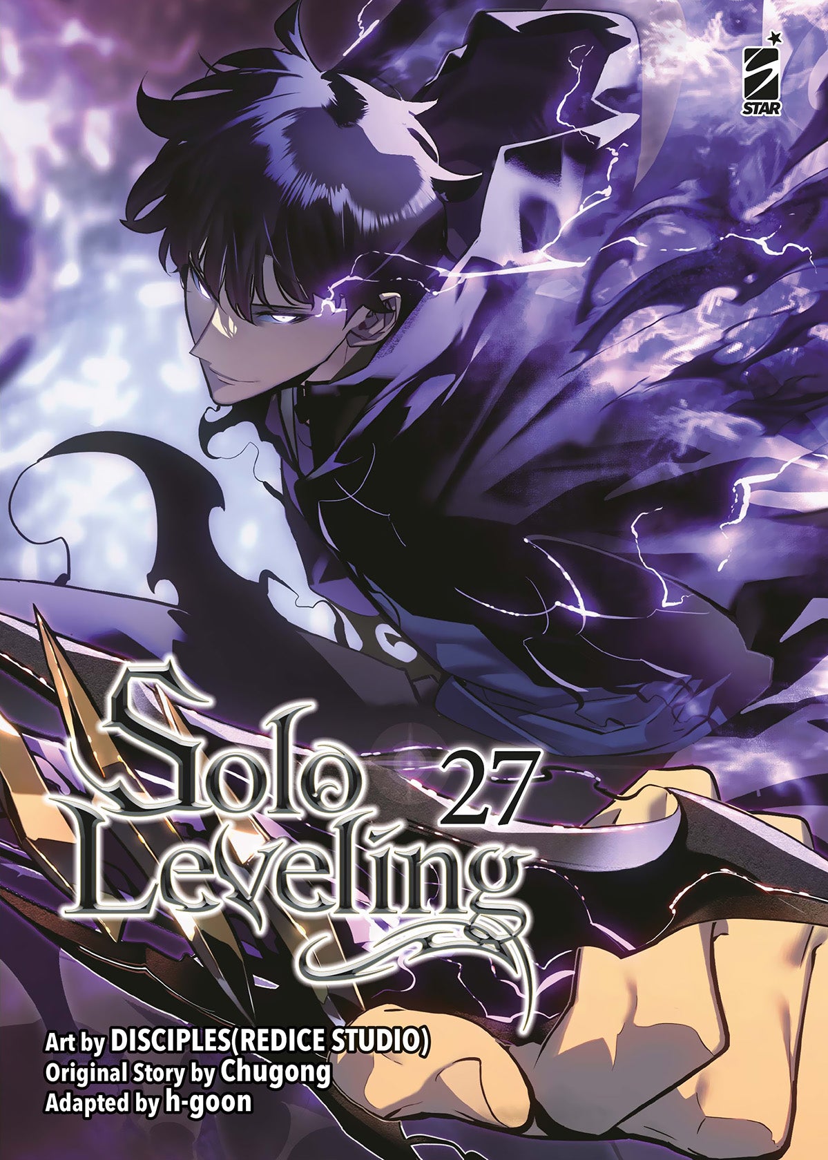 Copertina del manhwa Solo Leveling volume 27. In primo piano è ritratto il protagonista Jinwoo con lo sguardo affilato e gli occhi azzurri e lucenti, avvolto da una potente e spettacolare aura di fumo viola e fulmini bianchi. Al centro della composizione spicca il logo del titolo Solo Leveling con il numero 27.