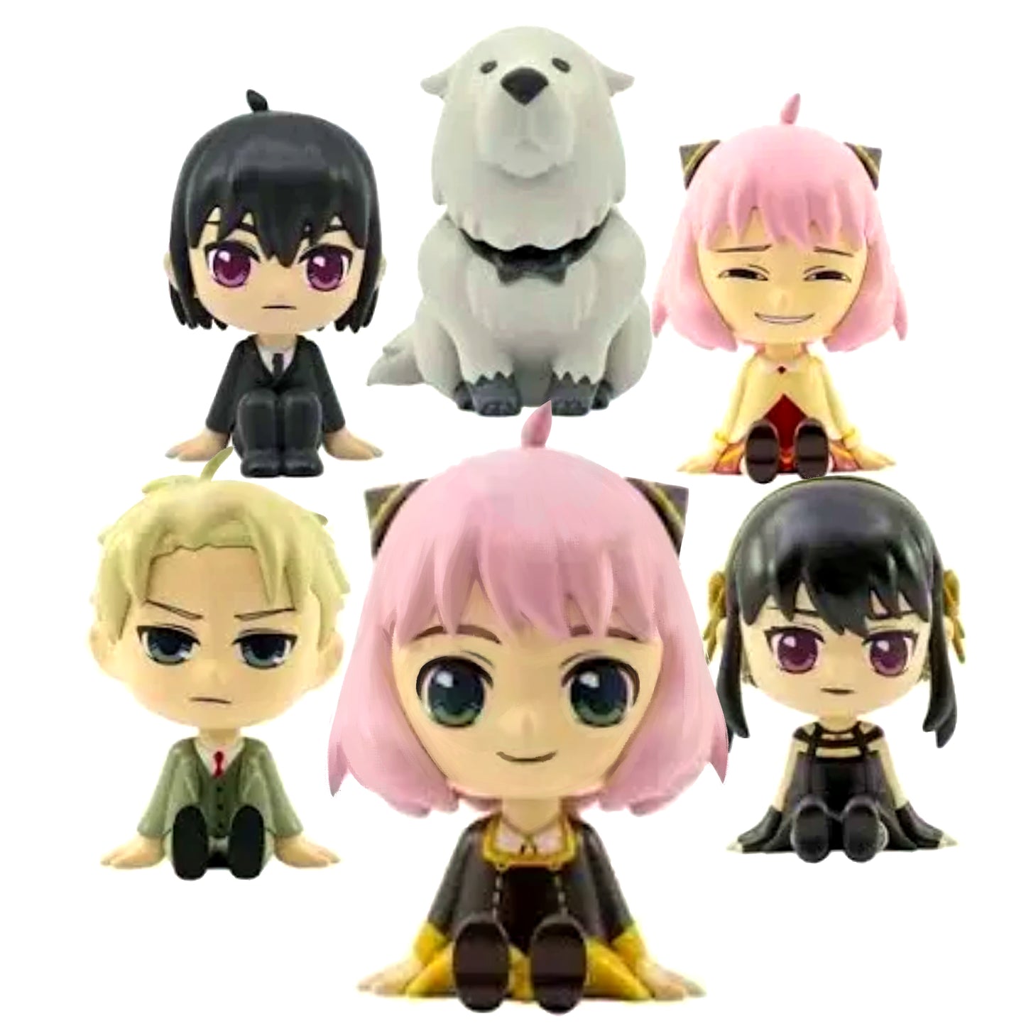 L'intera collezione di 6 figure Bobble Hero di Spy x Family, che mostra Loid, Yor, Yuri, Bond e le due versioni di Anya Forger (sorridente e con il sorrisetto "Heh").