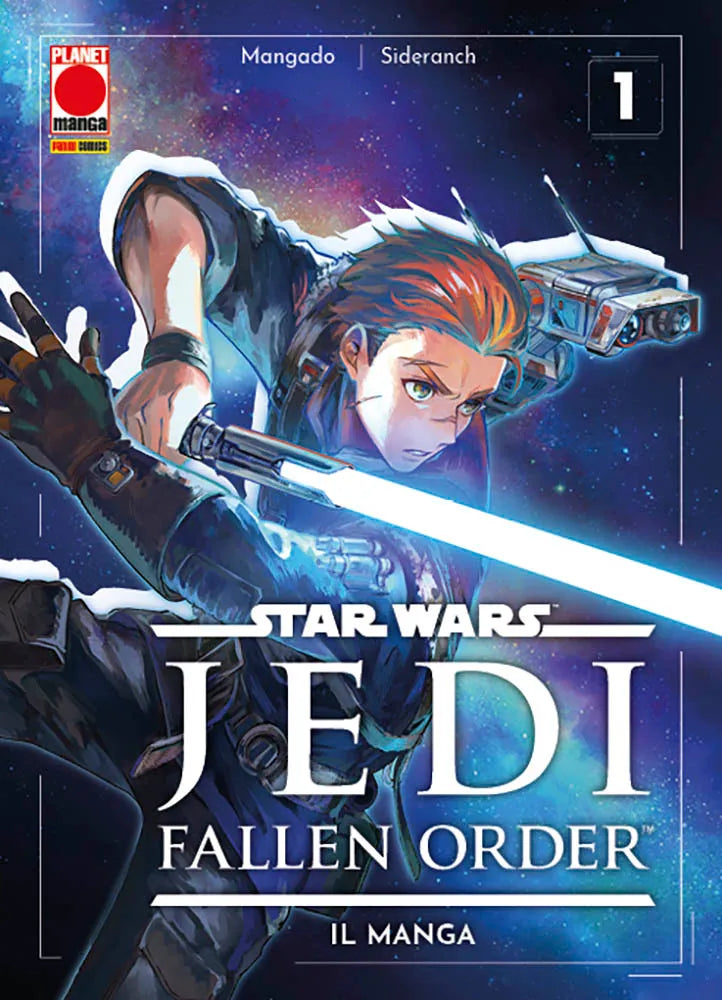 Copertina del primo volume del manga Star Wars Jedi: Fallen Order. L'illustrazione mostra in primo piano il protagonista Cal Kestis in una posa dinamica mentre impugna una spada laser dalla scia blu brillante, accompagnato dal piccolo droide BD-1 fluttuante dietro la sua spalla. Lo sfondo è caratterizzato dallo spazio profondo con stelle e nebulose colorate, sormontato dal titolo dell'opera e dal logo rosso di Planet Manga.