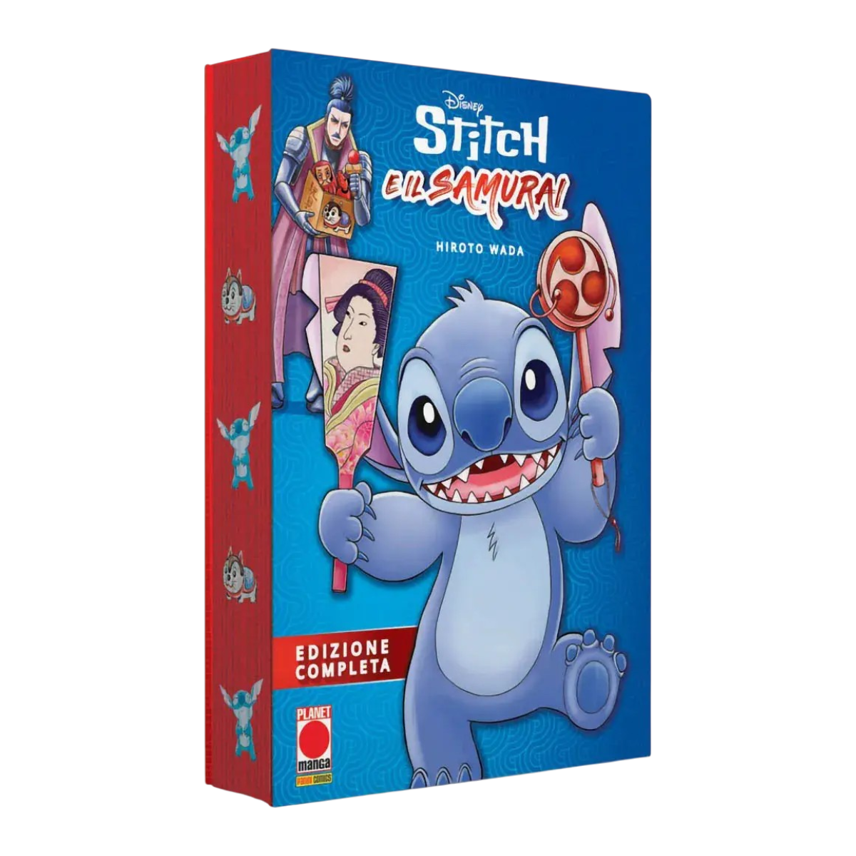 Volume unico "Stitch e il Samurai Edizione Completa" di Hiroto Wada. La copertina blu mostra Stitch in primo piano con in mano oggetti tradizionali giapponesi; sullo sfondo il samurai Meison Yamato osserva perplesso. Il dorso del libro è rosso con piccole icone di Stitch. In basso a sinistra spicca il logo Planet Manga.