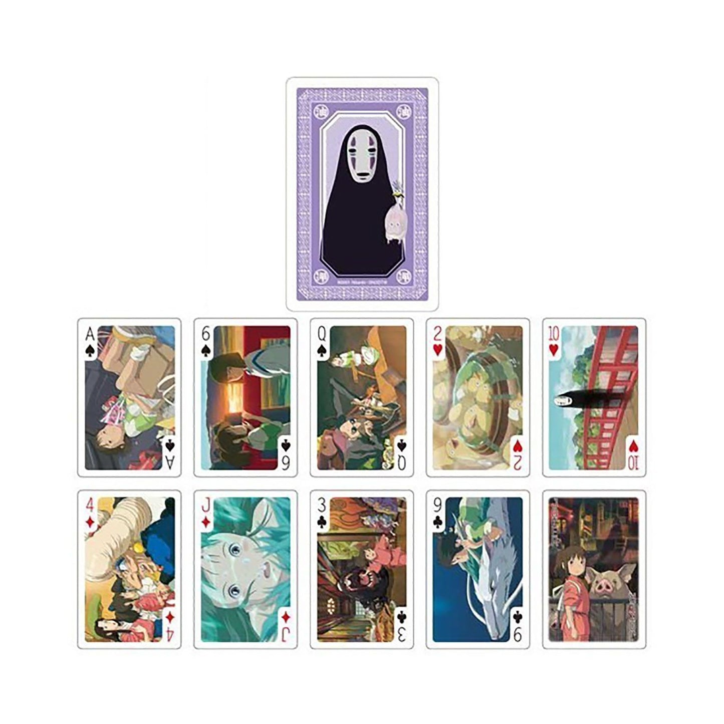 Selezione di carte da gioco Spirited Away che mostrano scene con Chihiro, Haku e Senza Volto.
